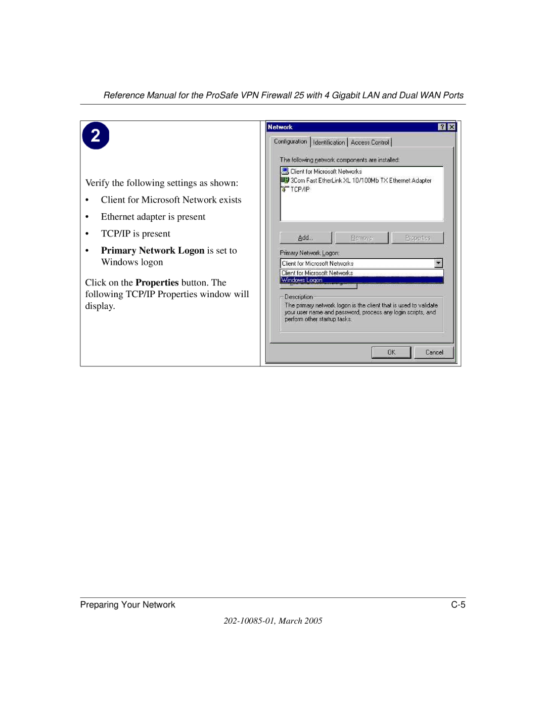 NETGEAR FVS124G manual Primary Network Logon is set to Windows logon 