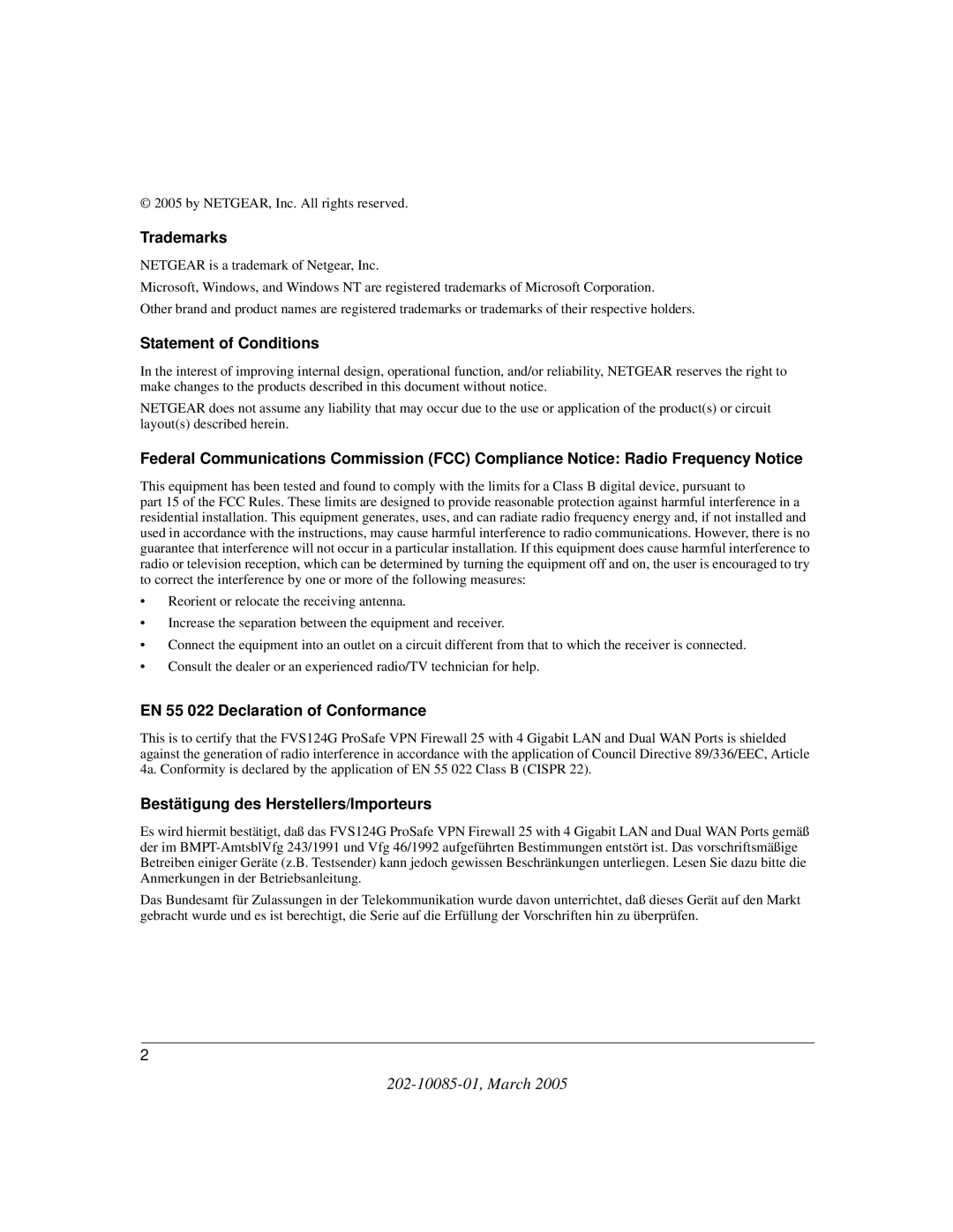 NETGEAR FVS124G manual Trademarks, Statement of Conditions, EN 55 022 Declaration of Conformance 