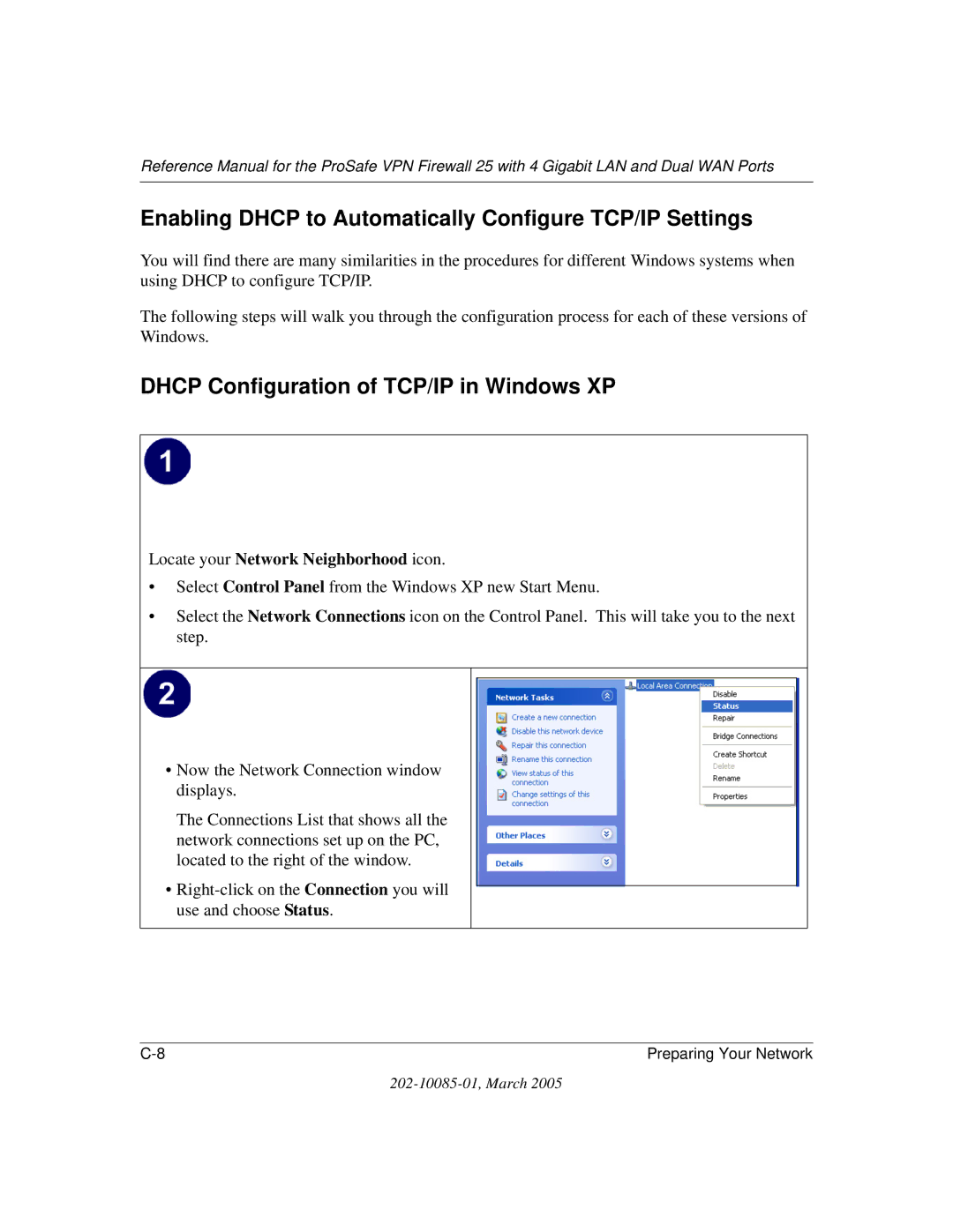 NETGEAR FVS124G manual Dhcp Configuration of TCP/IP in Windows XP, Locate your Network Neighborhood icon 