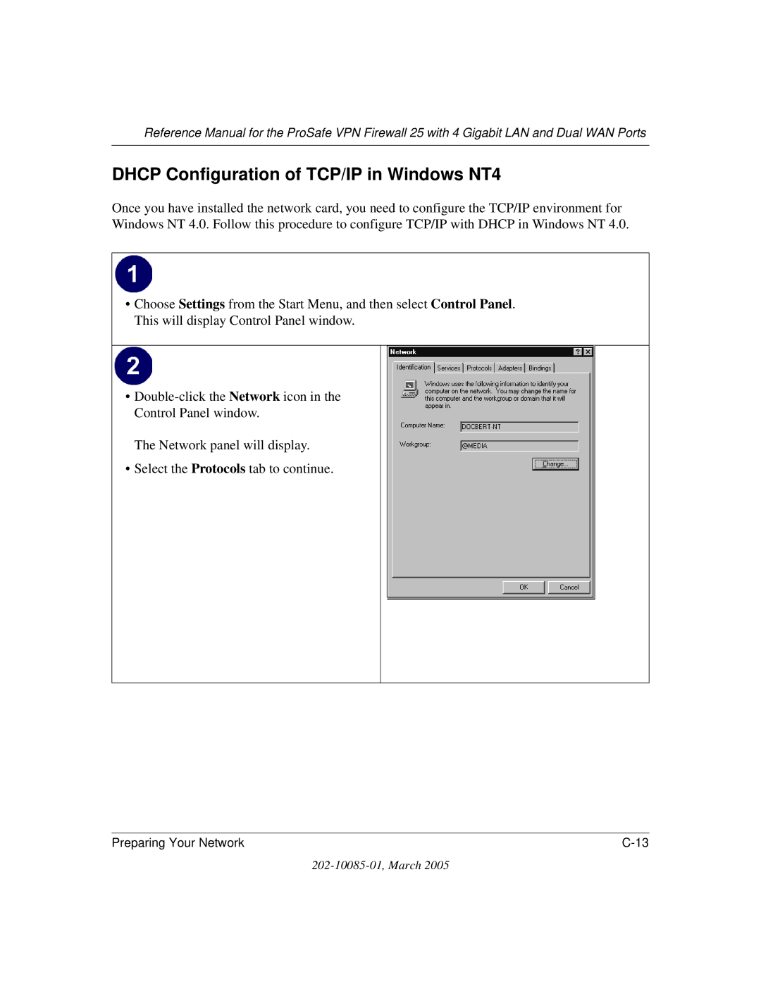 NETGEAR FVS124G manual Dhcp Configuration of TCP/IP in Windows NT4 