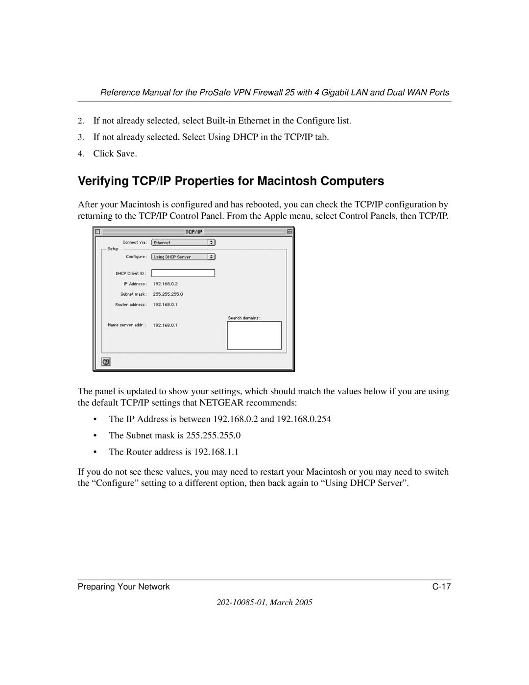 NETGEAR FVS124G manual Verifying TCP/IP Properties for Macintosh Computers 