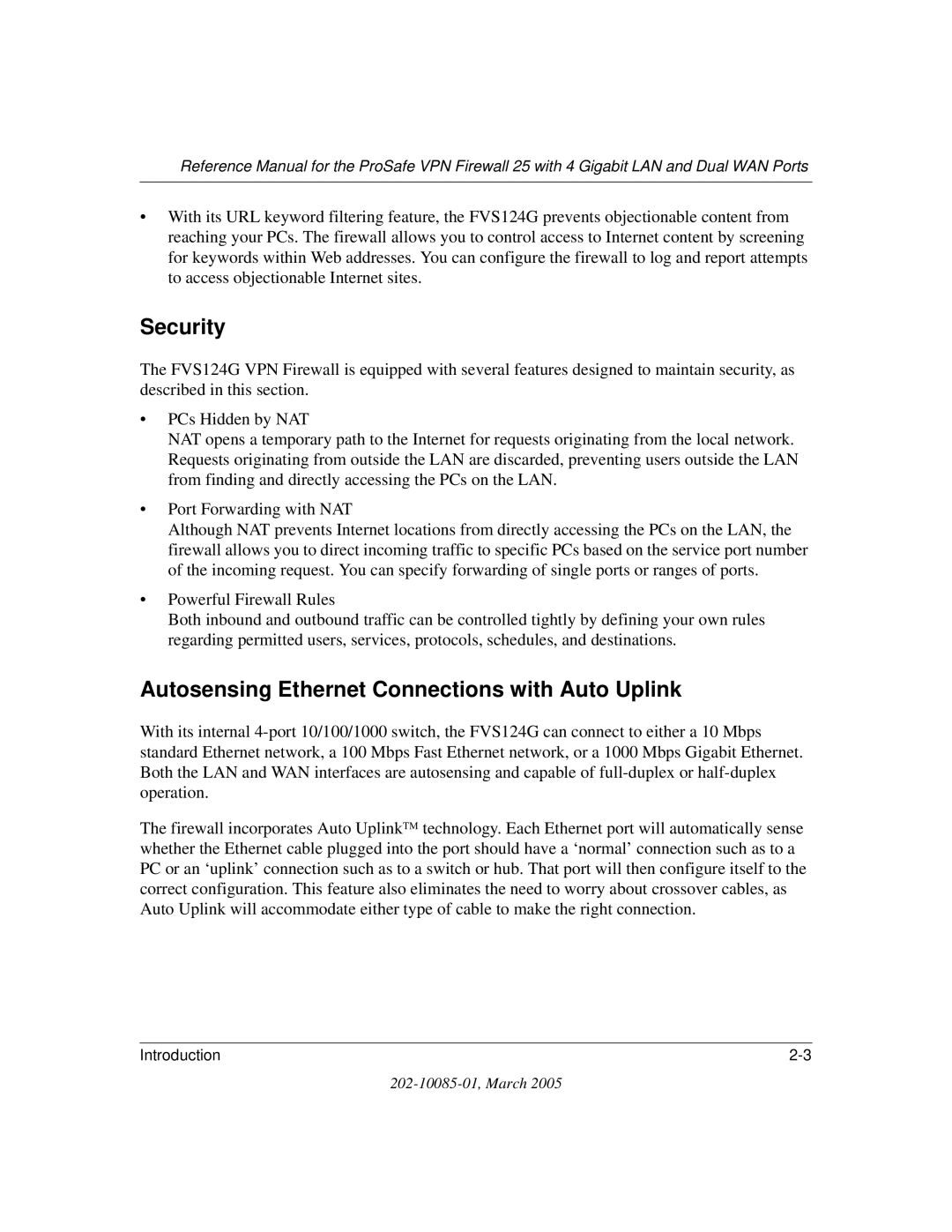 NETGEAR FVS124G manual Security, Autosensing Ethernet Connections with Auto Uplink 