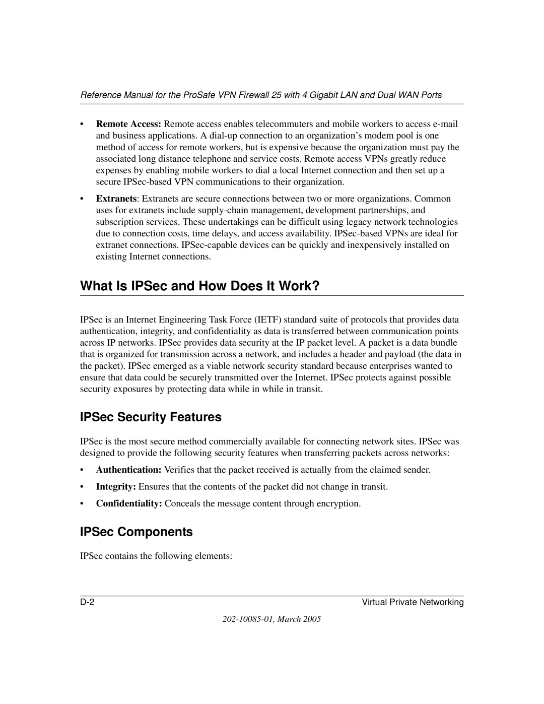 NETGEAR FVS124G manual What Is IPSec and How Does It Work?, IPSec Security Features, IPSec Components 