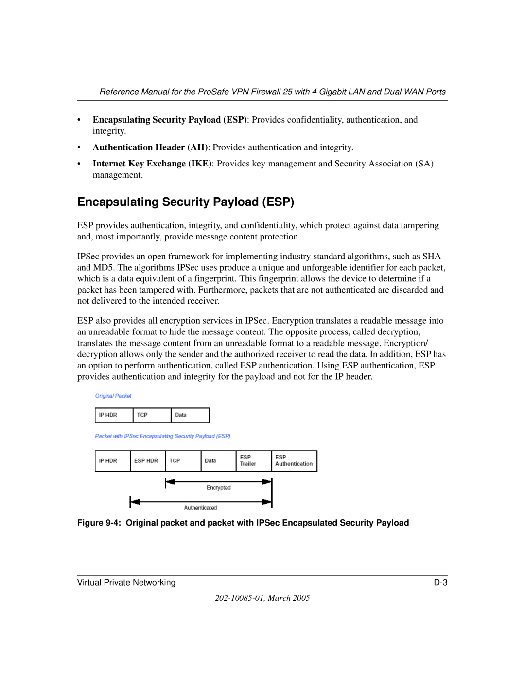 NETGEAR FVS124G manual Encapsulating Security Payload ESP 