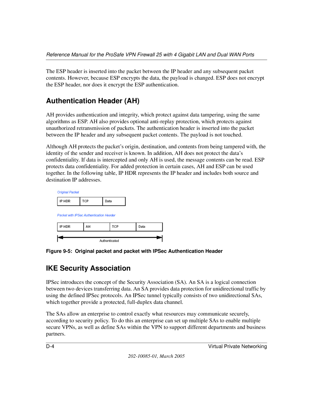 NETGEAR FVS124G manual Authentication Header AH, IKE Security Association 