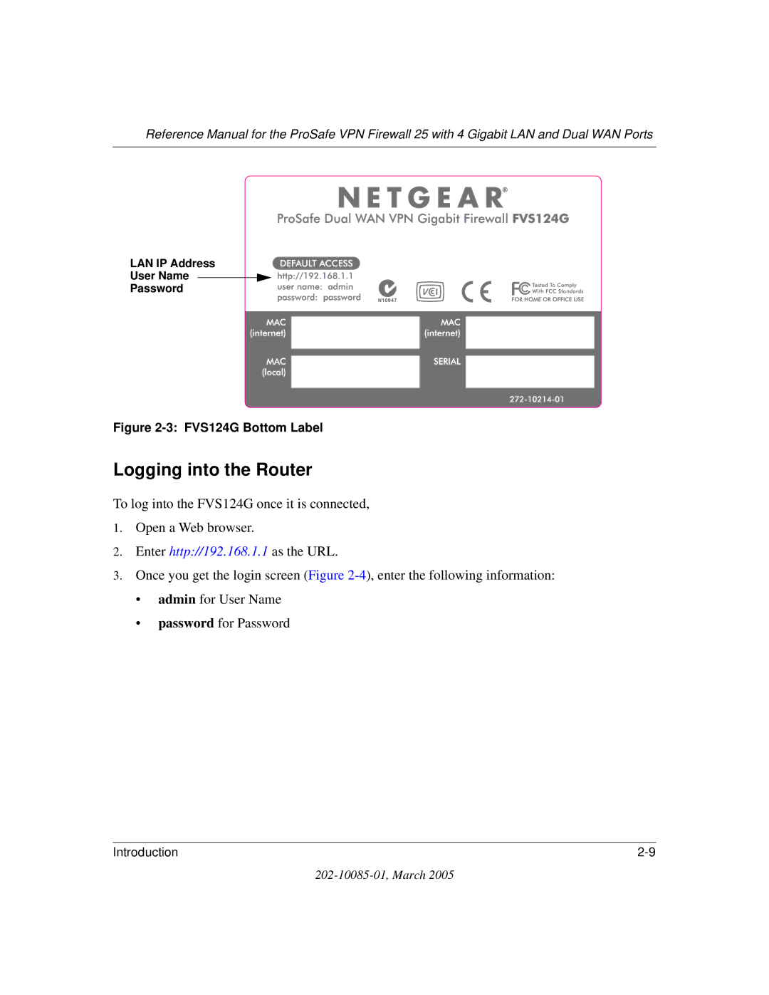 NETGEAR manual Logging into the Router, FVS124G Bottom Label 