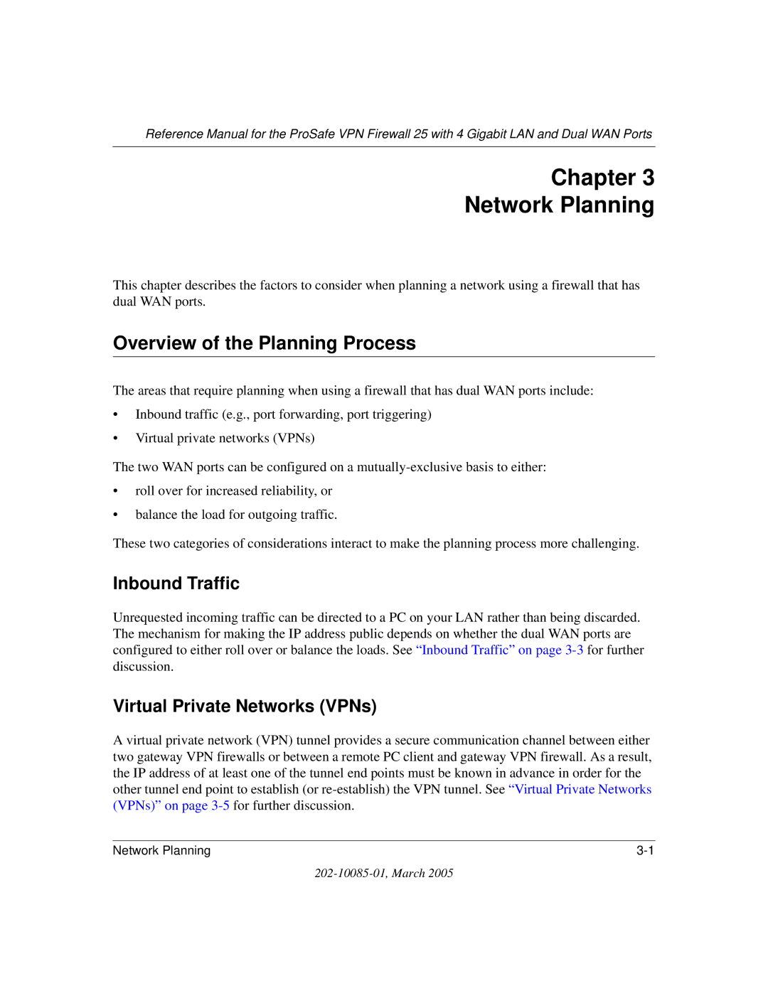 NETGEAR FVS124G manual Overview of the Planning Process, Inbound Traffic, Virtual Private Networks VPNs 