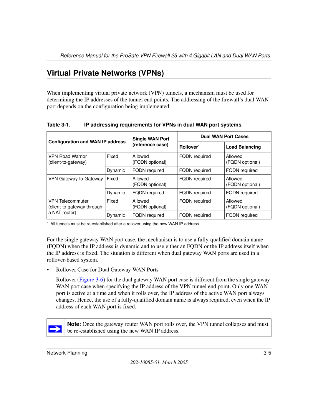 NETGEAR FVS124G manual Virtual Private Networks VPNs, IP addressing requirements for VPNs in dual WAN port systems 