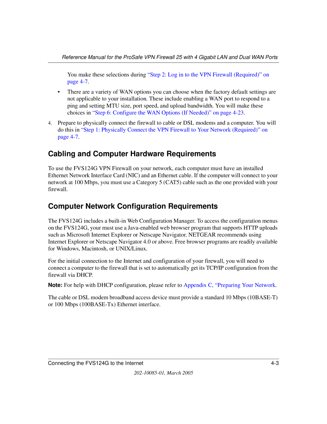 NETGEAR FVS124G manual Cabling and Computer Hardware Requirements, Computer Network Configuration Requirements 