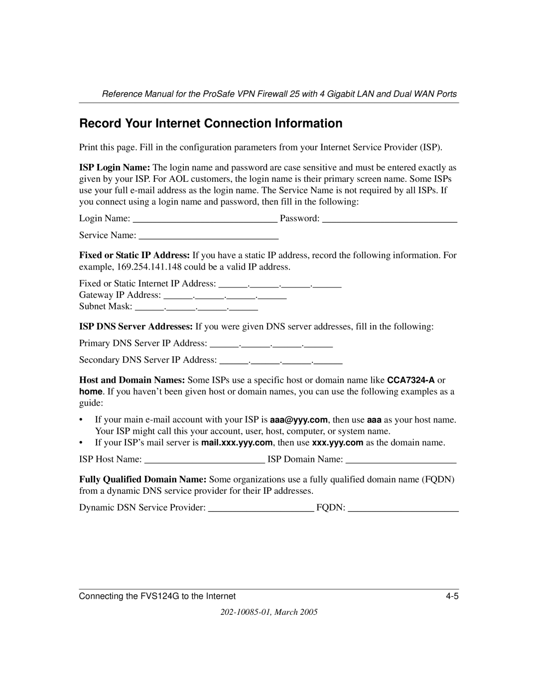 NETGEAR FVS124G manual Record Your Internet Connection Information 