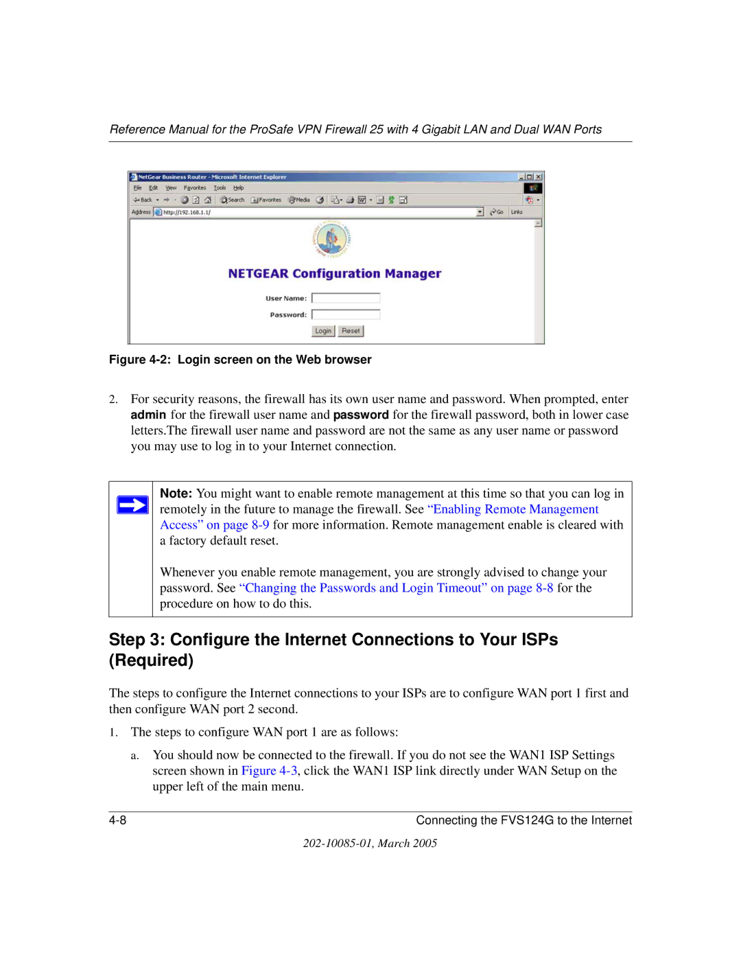 NETGEAR FVS124G manual Configure the Internet Connections to Your ISPs Required, Login screen on the Web browser 