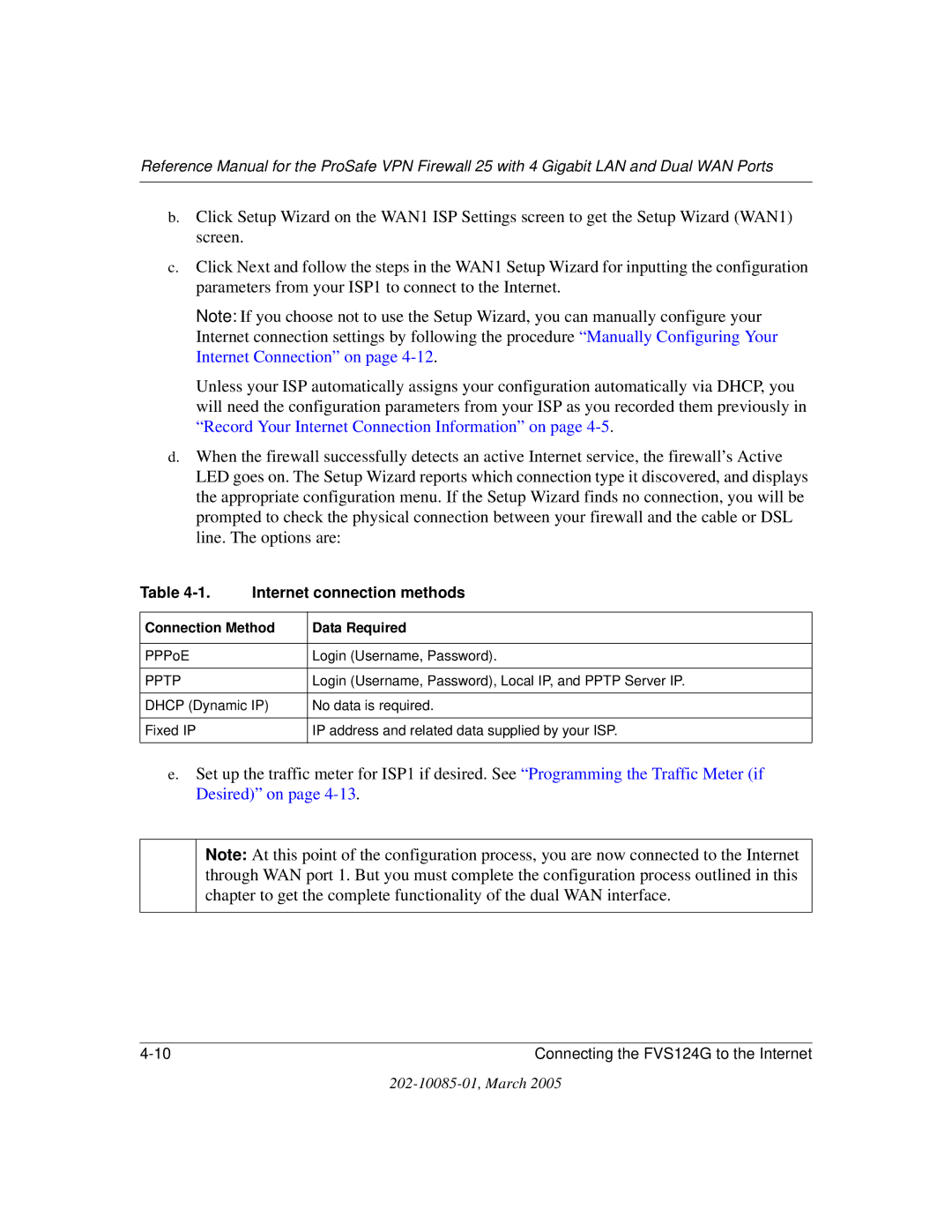 NETGEAR FVS124G manual Internet connection methods, Connection Method Data Required 