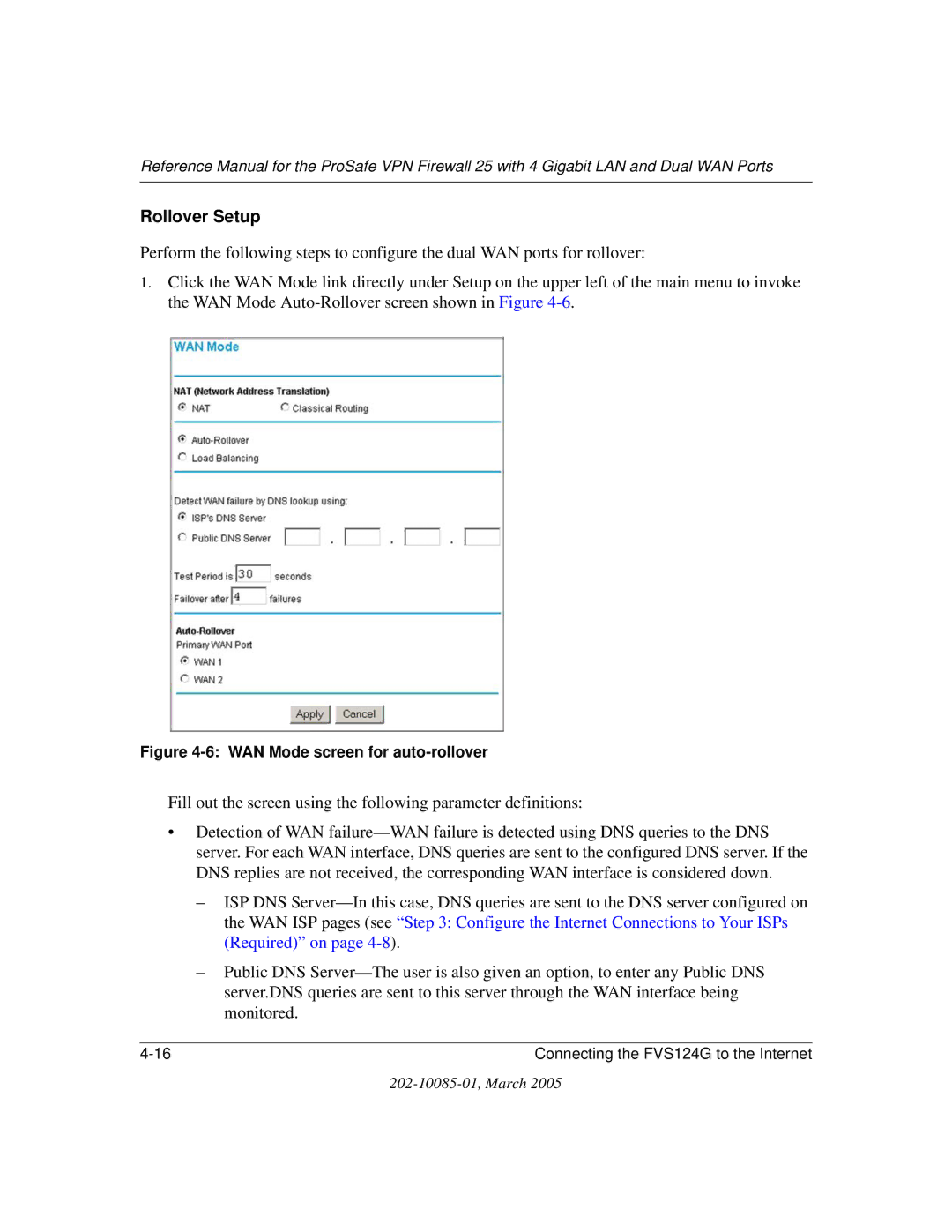 NETGEAR FVS124G manual Rollover Setup, WAN Mode screen for auto-rollover 