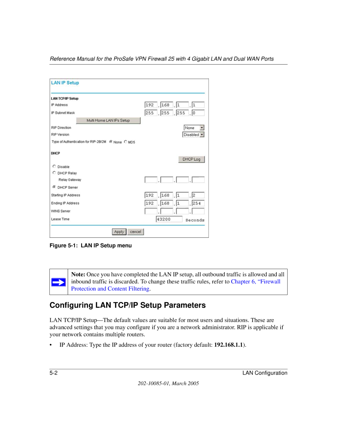 NETGEAR FVS124G manual Configuring LAN TCP/IP Setup Parameters, LAN IP Setup menu 