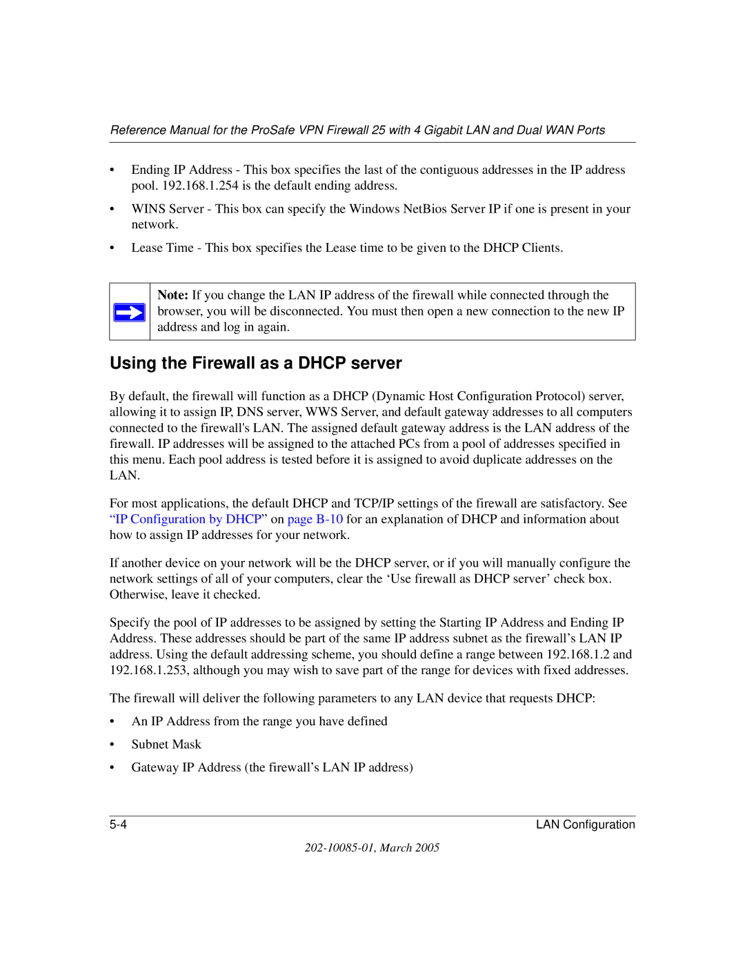 NETGEAR FVS124G manual Using the Firewall as a Dhcp server 