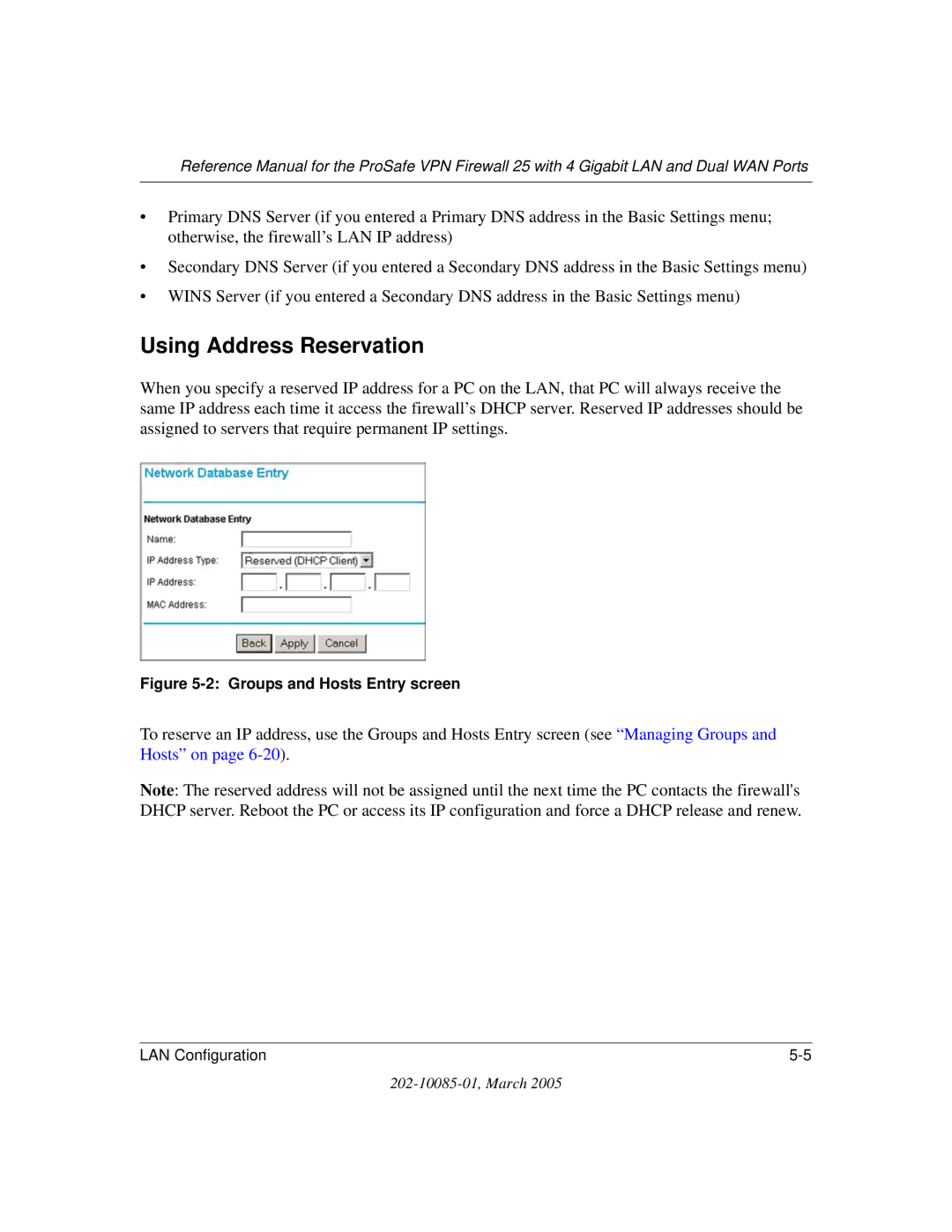 NETGEAR FVS124G manual Using Address Reservation, Groups and Hosts Entry screen 