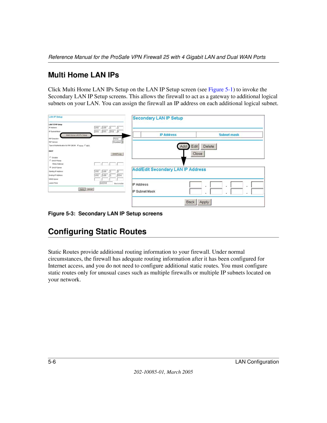 NETGEAR FVS124G manual Configuring Static Routes, Multi Home LAN IPs 