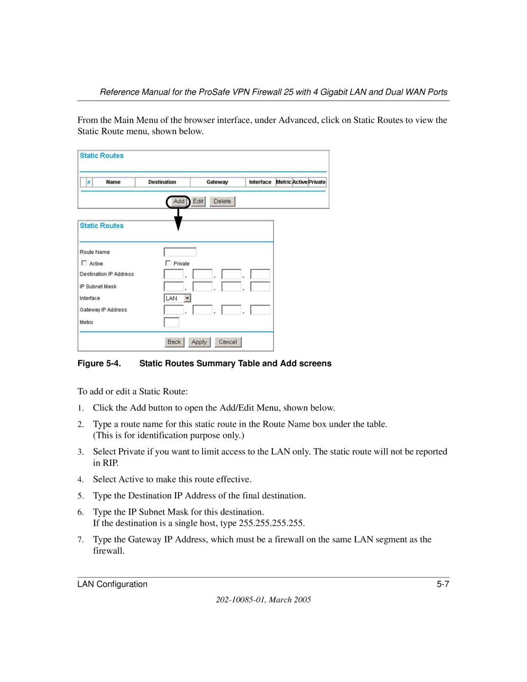 NETGEAR FVS124G manual Static Routes Summary Table and Add screens 