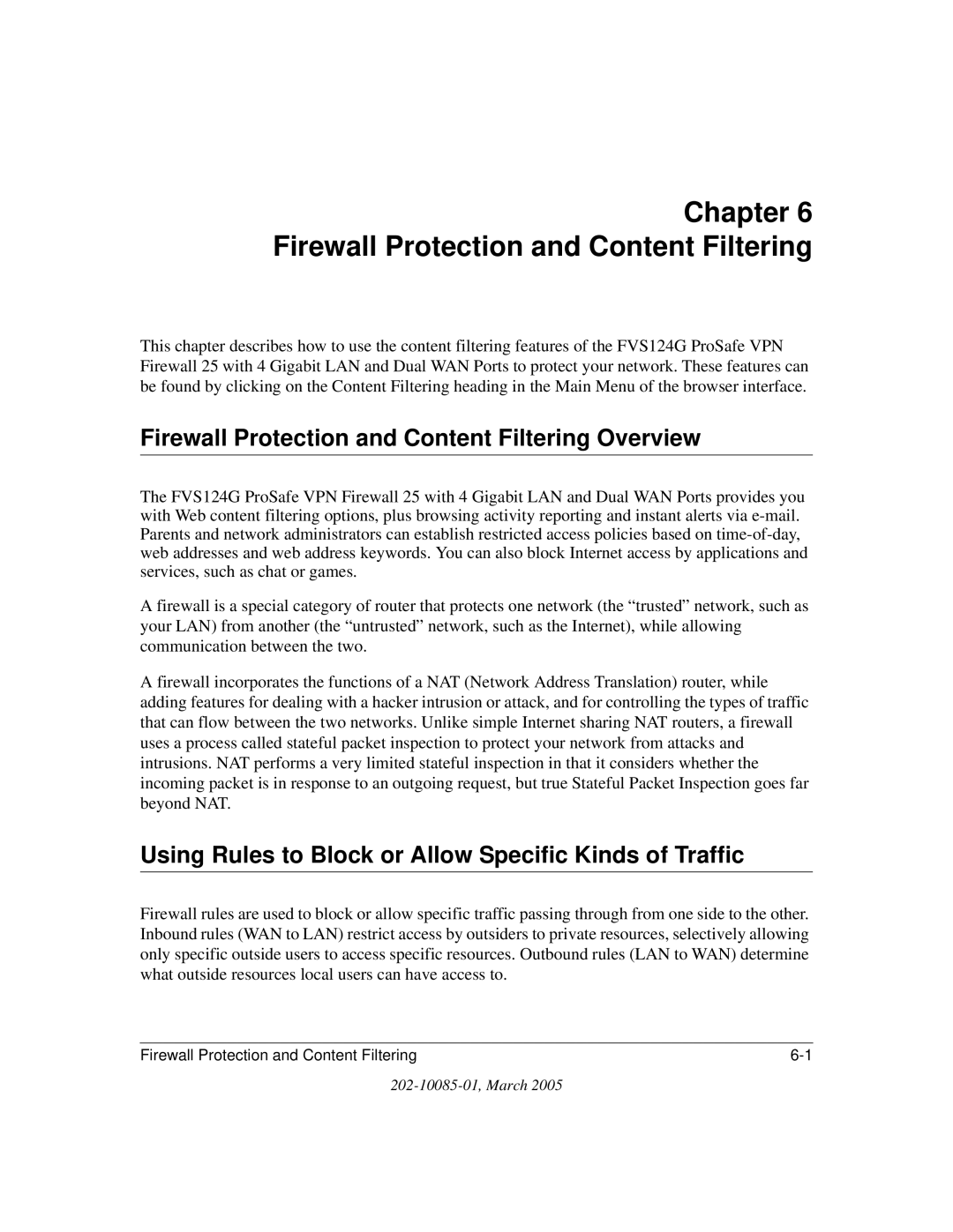 NETGEAR FVS124G manual Firewall Protection and Content Filtering Overview 