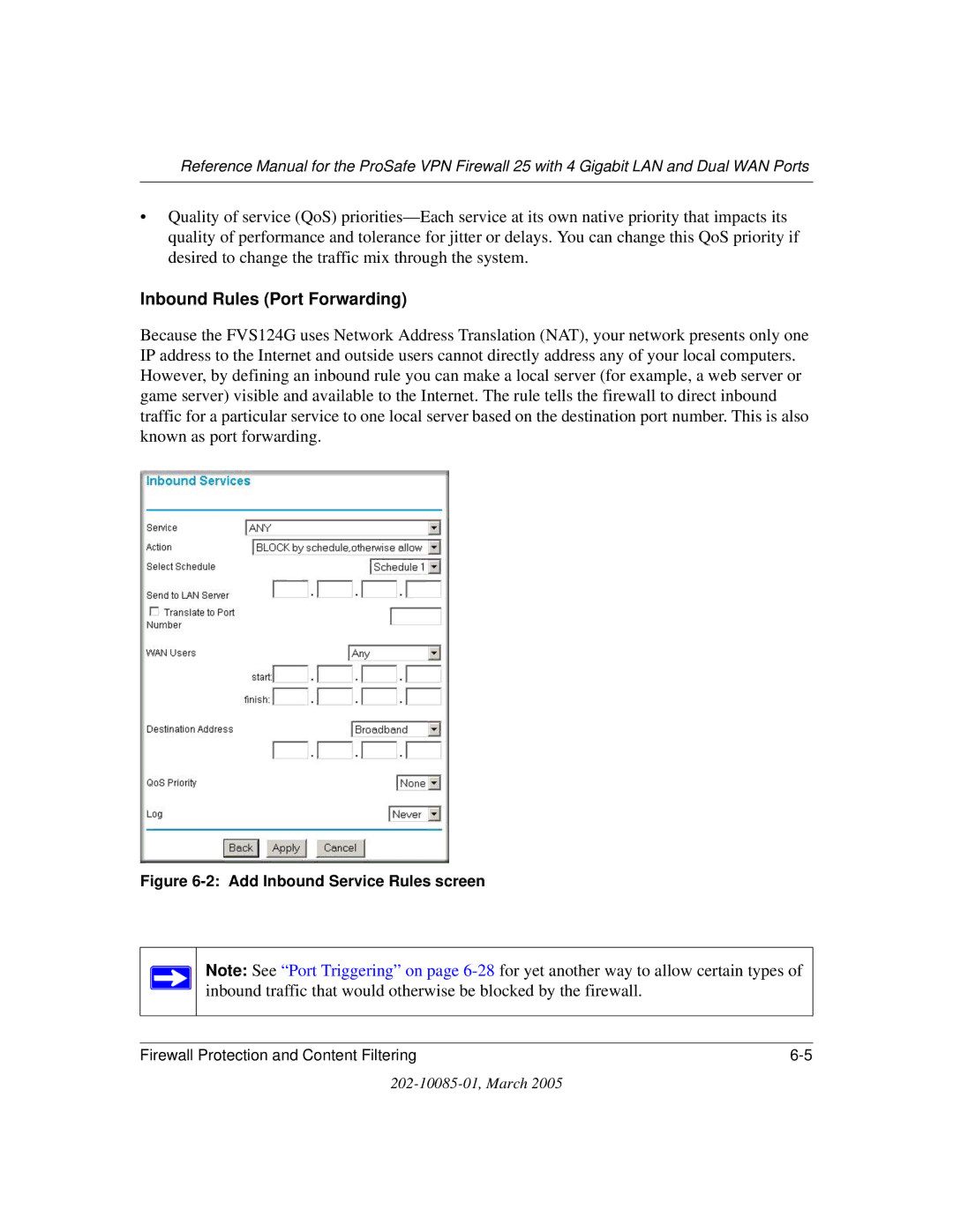 NETGEAR FVS124G manual Inbound Rules Port Forwarding, Add Inbound Service Rules screen 