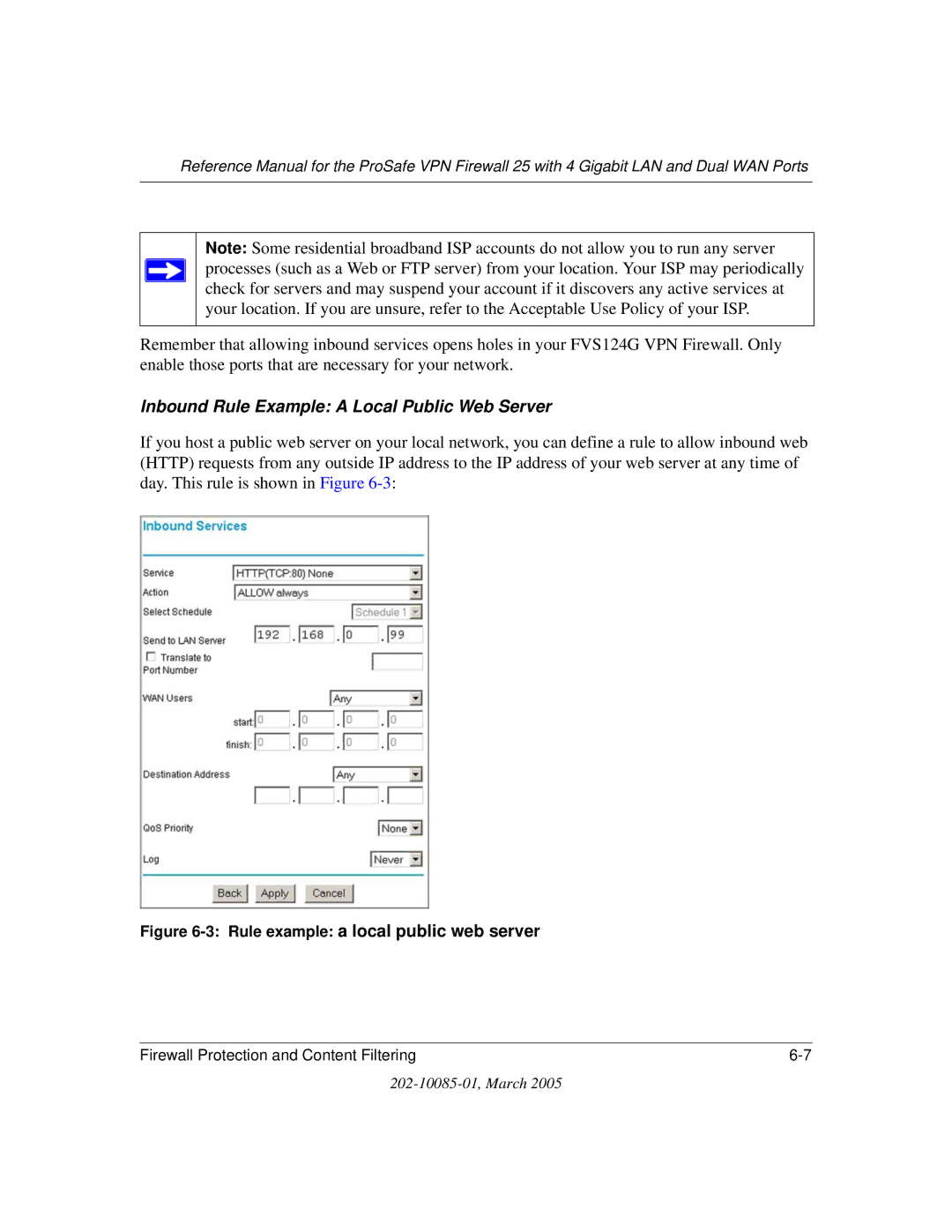 NETGEAR FVS124G manual Inbound Rule Example a Local Public Web Server 