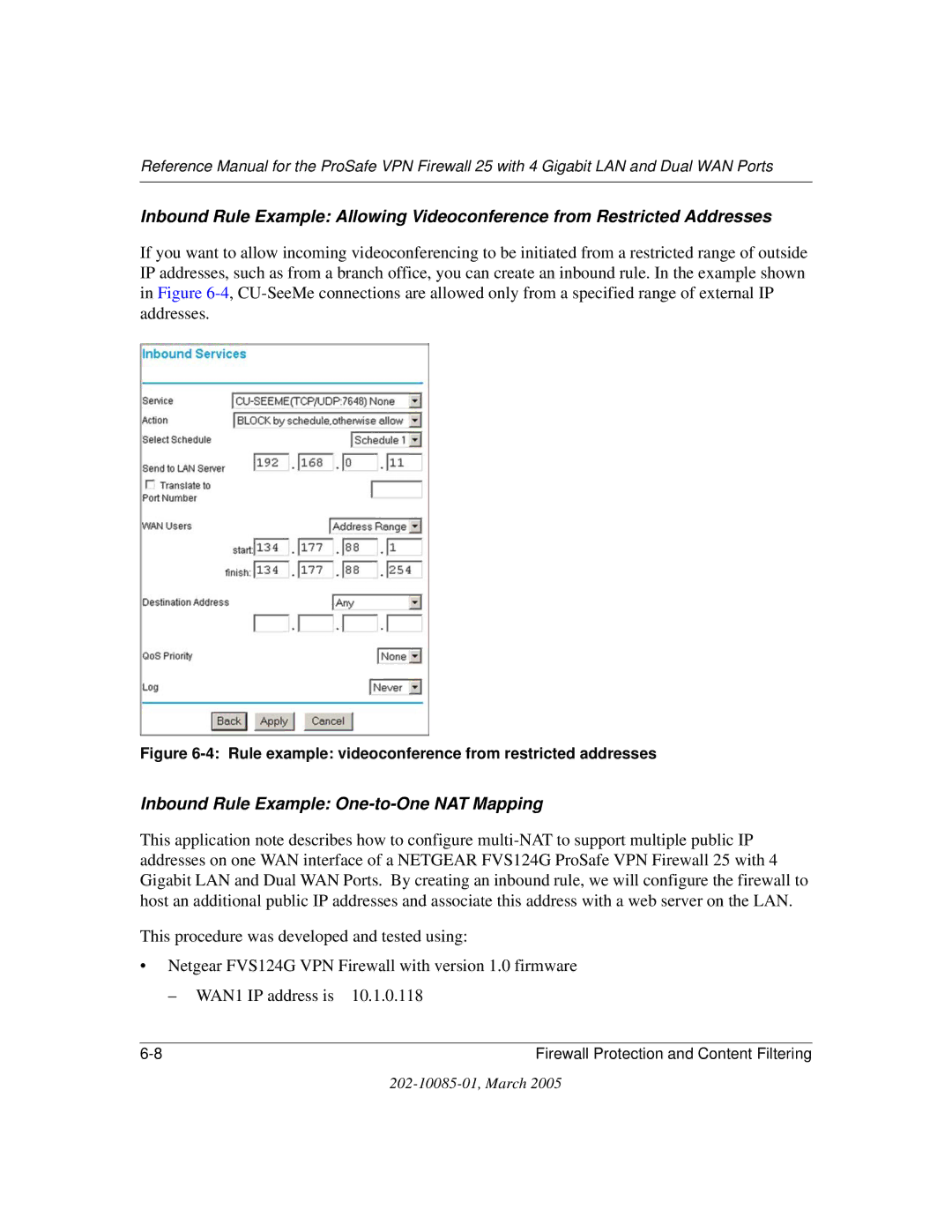 NETGEAR FVS124G manual Inbound Rule Example One-to-One NAT Mapping 