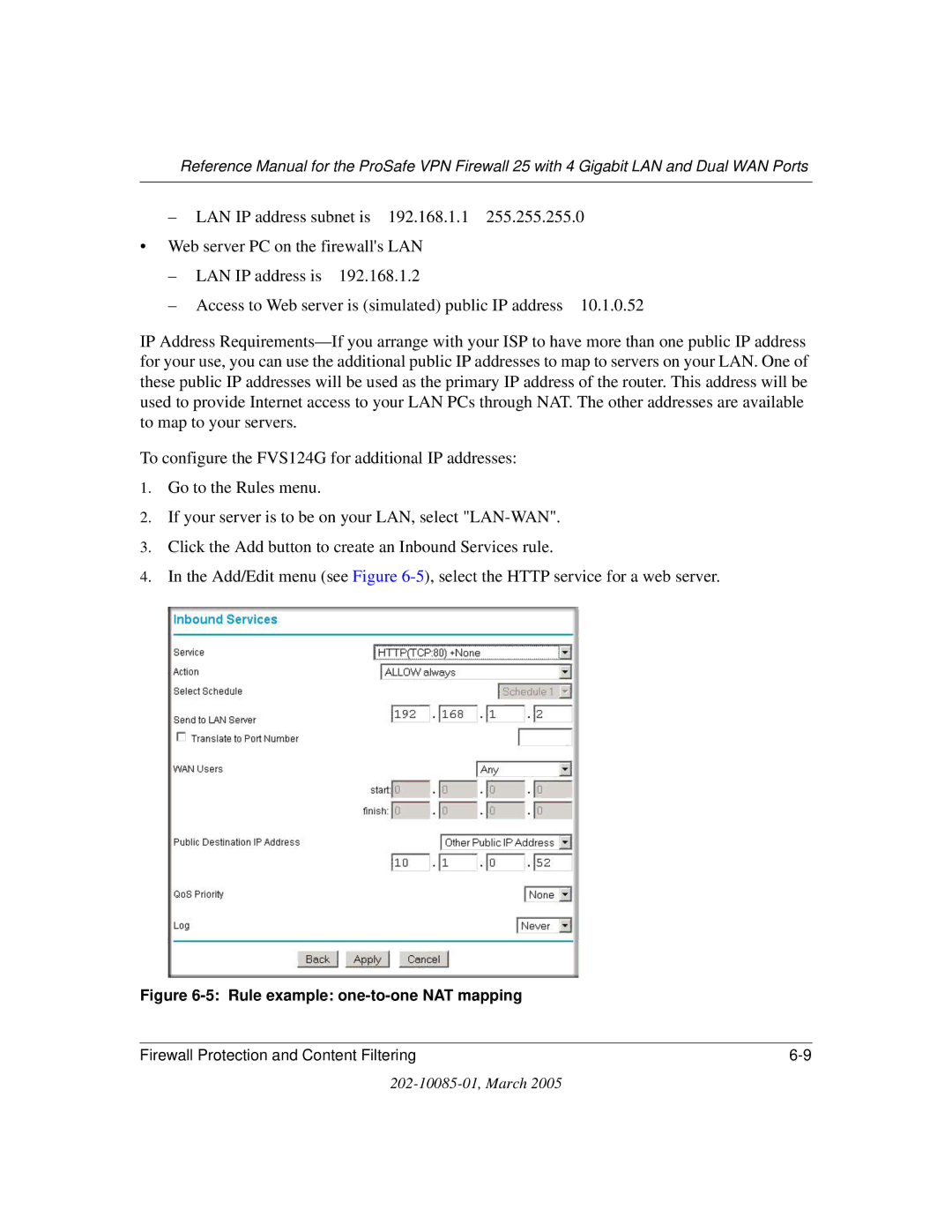 NETGEAR FVS124G manual Rule example one-to-one NAT mapping 