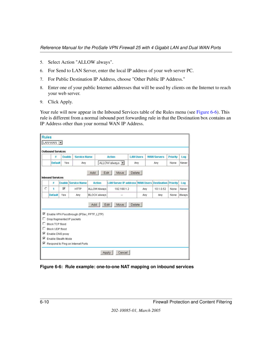 NETGEAR FVS124G manual Rule example one-to-one NAT mapping on inbound services 