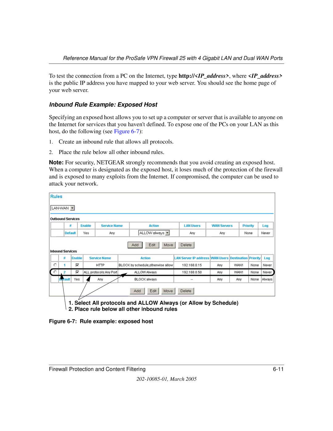 NETGEAR FVS124G manual Inbound Rule Example Exposed Host 