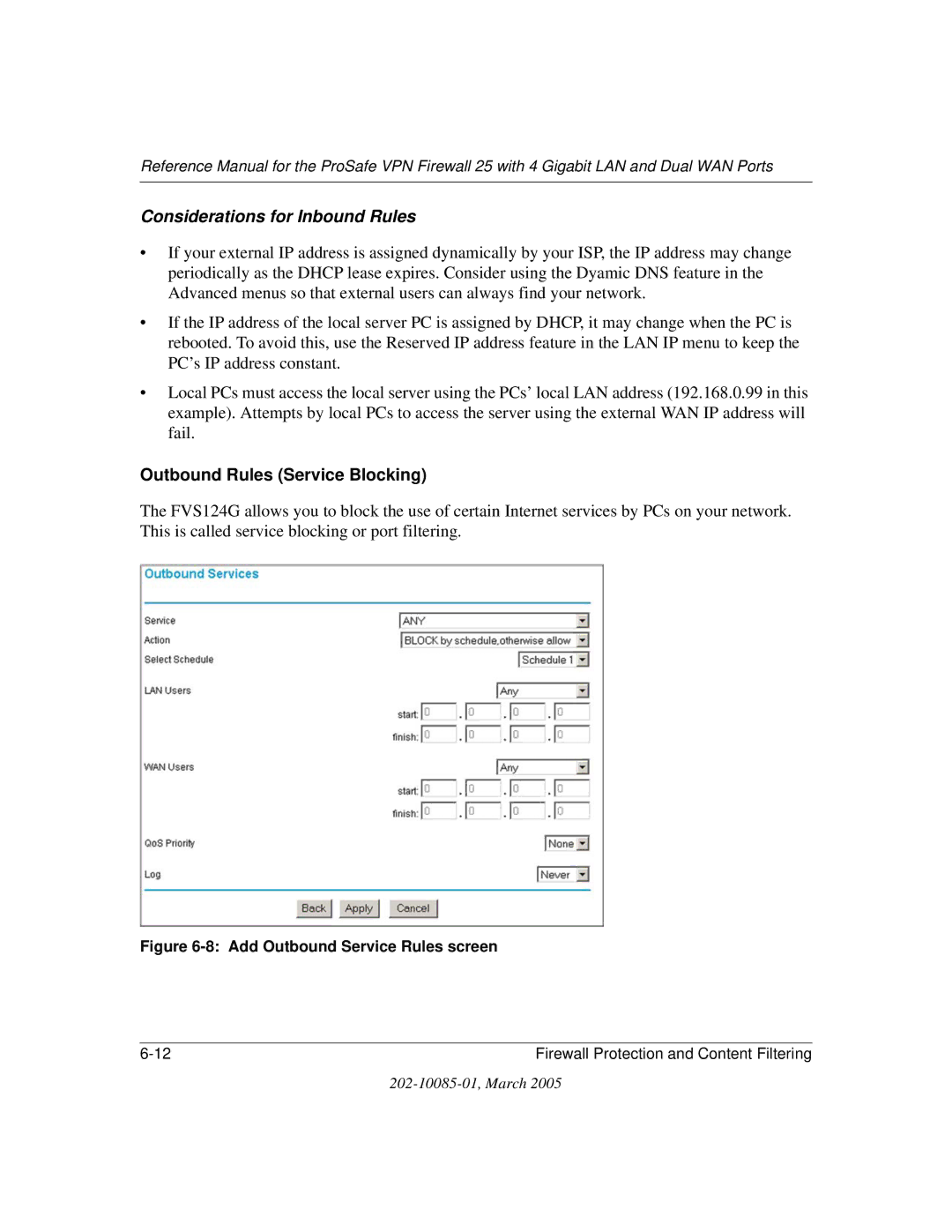 NETGEAR FVS124G manual Outbound Rules Service Blocking, Add Outbound Service Rules screen 