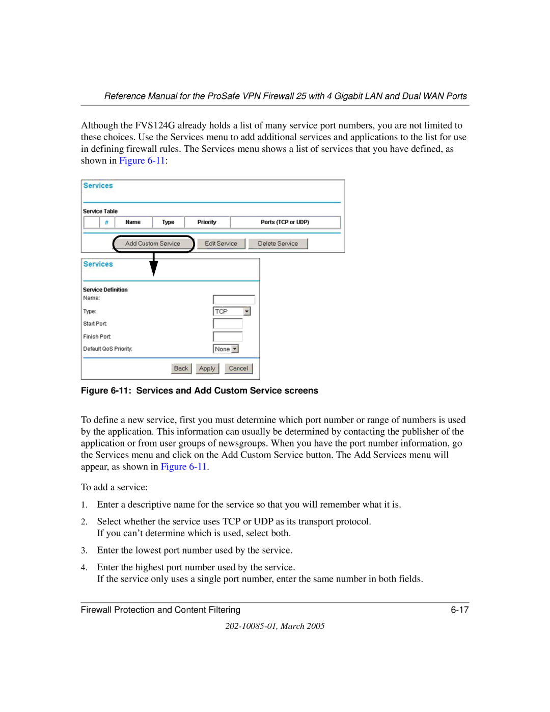 NETGEAR FVS124G manual Services and Add Custom Service screens 