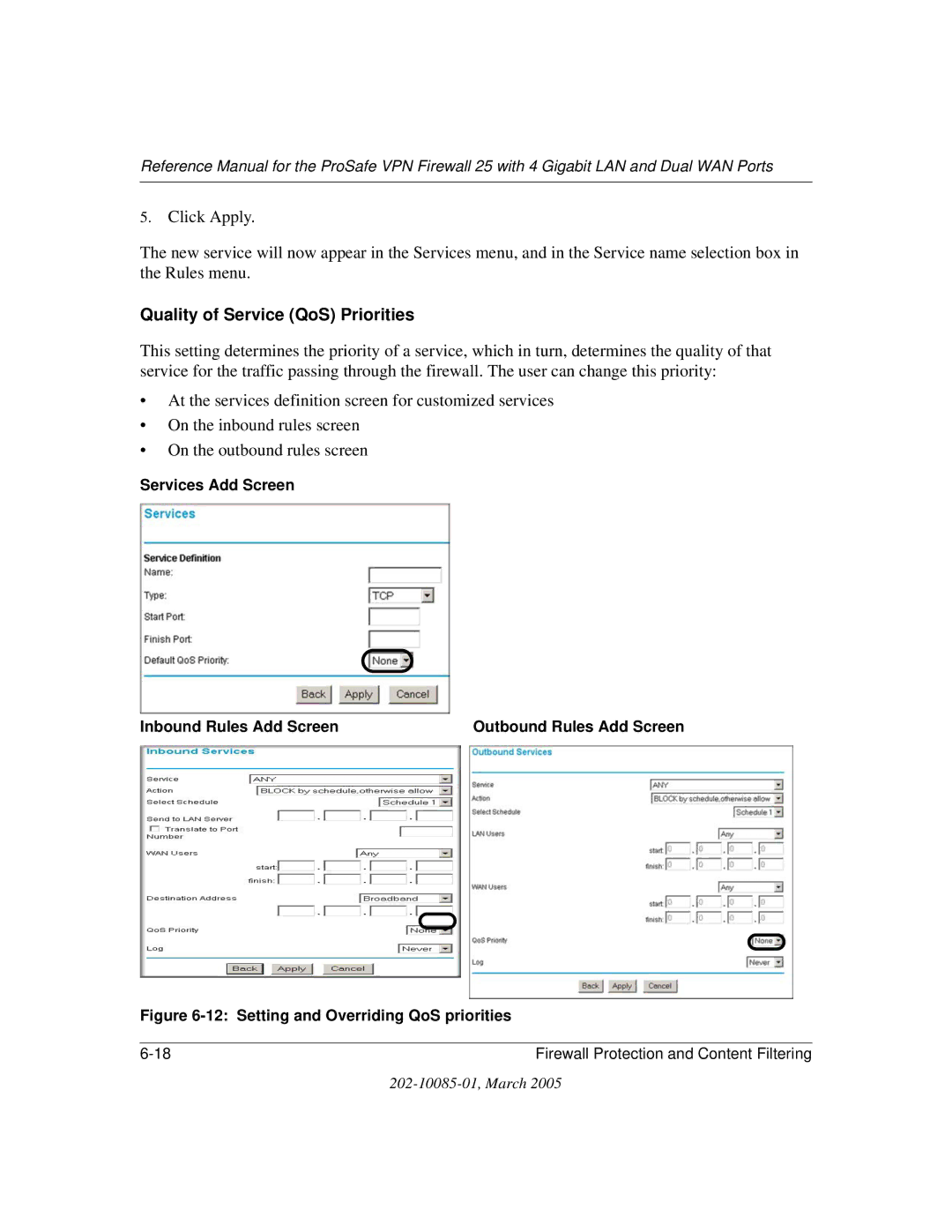 NETGEAR FVS124G manual Quality of Service QoS Priorities, Setting and Overriding QoS priorities 