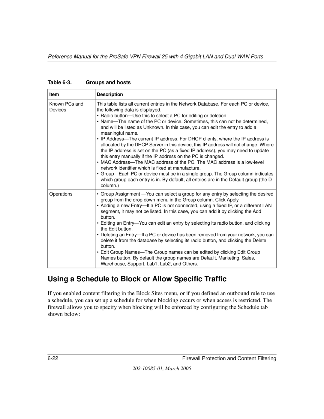 NETGEAR FVS124G manual Using a Schedule to Block or Allow Specific Traffic, Groups and hosts 