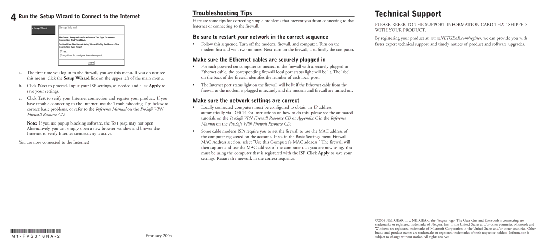 NETGEAR FVS318 appendix Troubleshooting Tips, Run the Setup Wizard to Connect to the Internet 