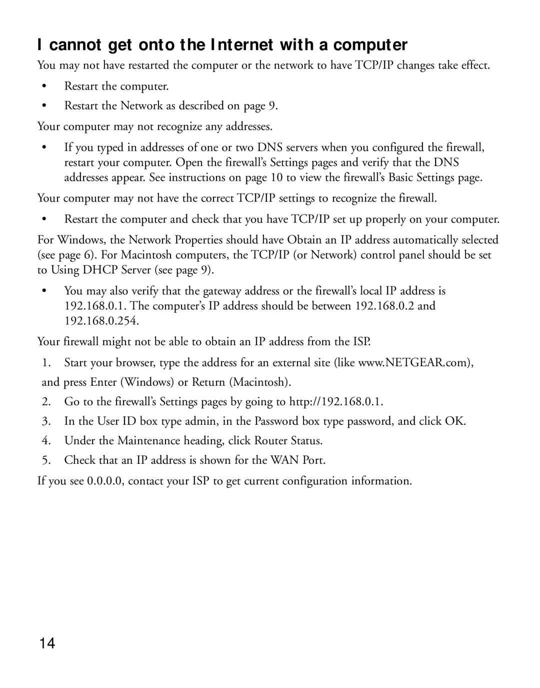 NETGEAR FVS318 manual Cannot get onto the Internet with a computer 