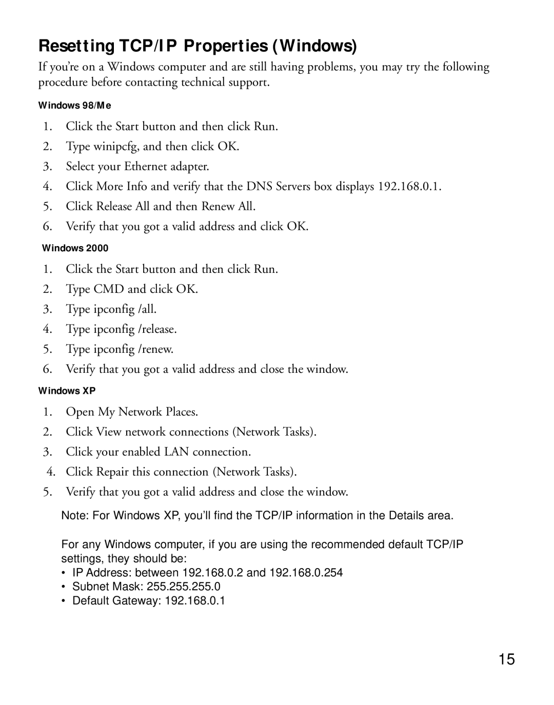 NETGEAR FVS318 manual Resetting TCP/IP Properties Windows 