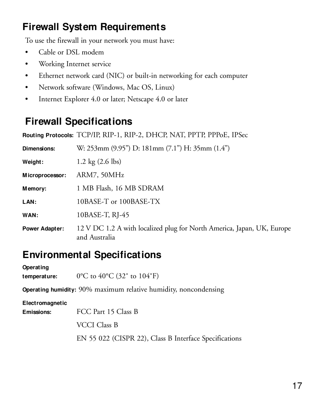 NETGEAR FVS318 manual Firewall System Requirements, Firewall Specifications, Environmental Specifications 