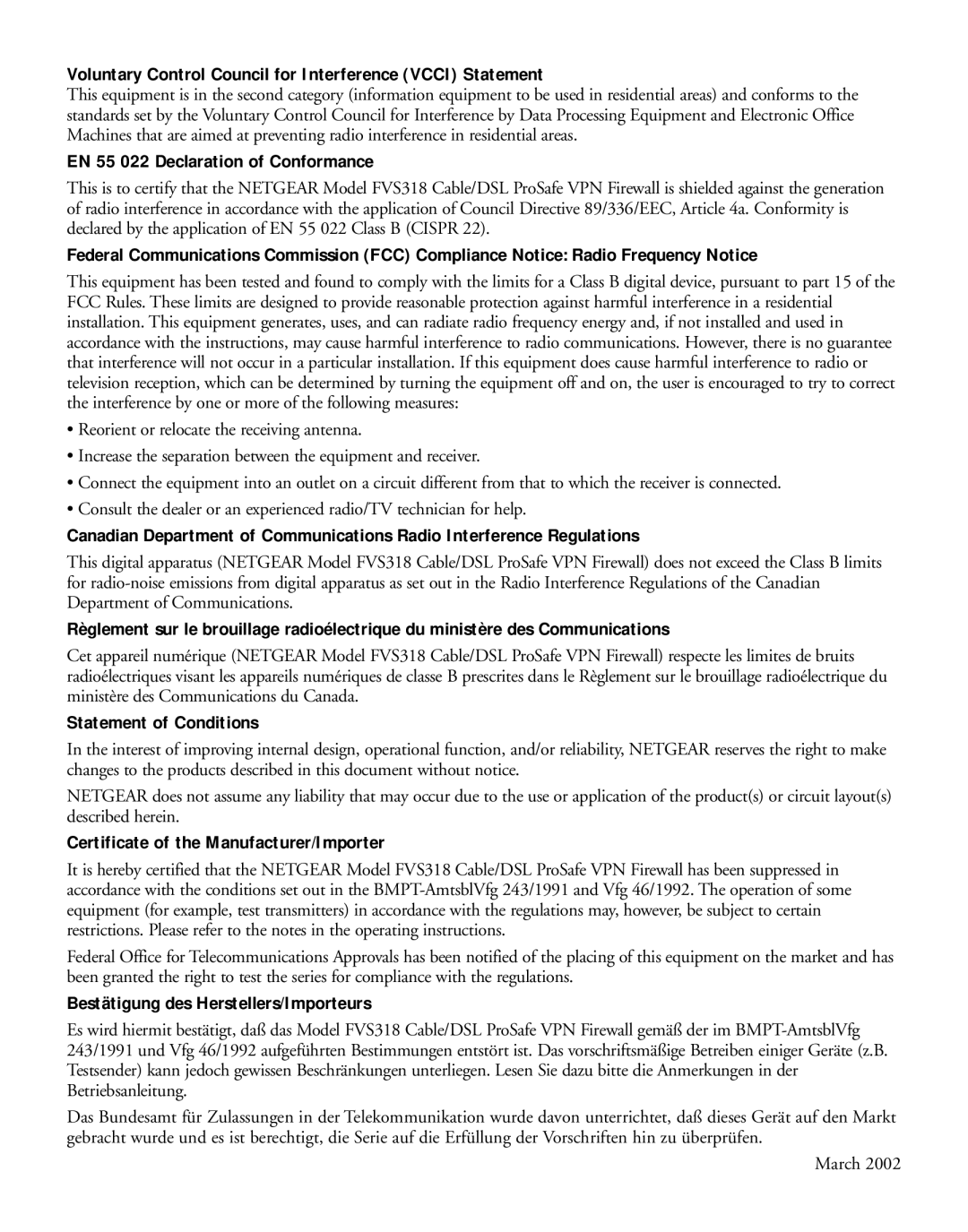 NETGEAR FVS318 manual Voluntary Control Council for Interference Vcci Statement 