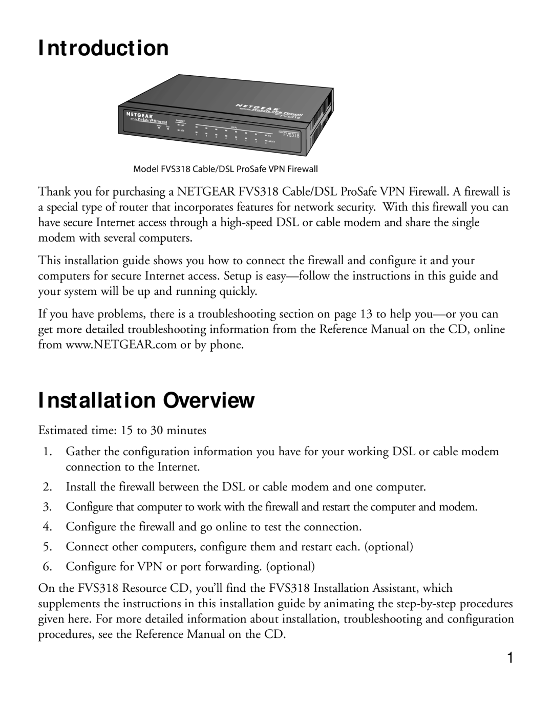 NETGEAR FVS318 manual Introduction, Installation Overview 