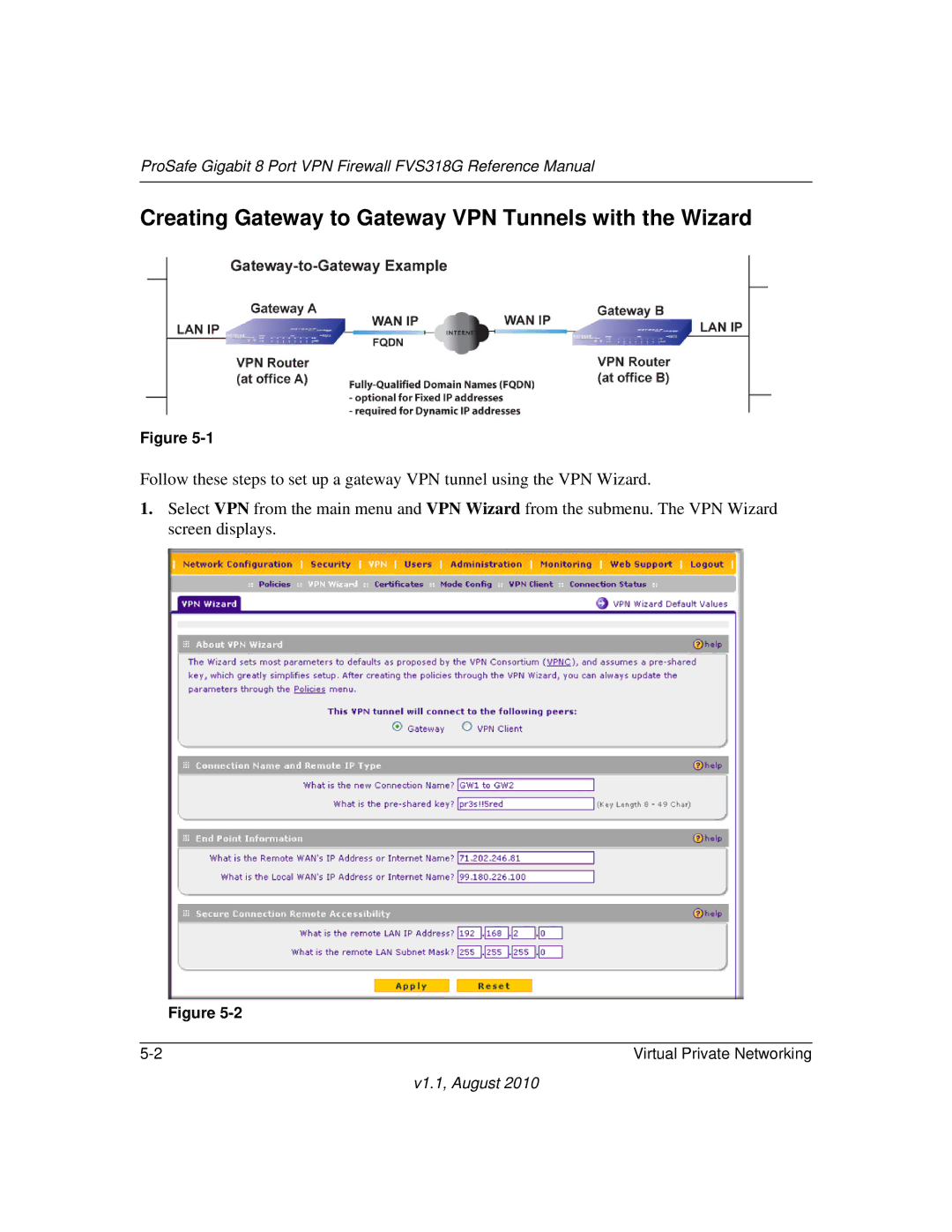 NETGEAR FVS318G manual Creating Gateway to Gateway VPN Tunnels with the Wizard 