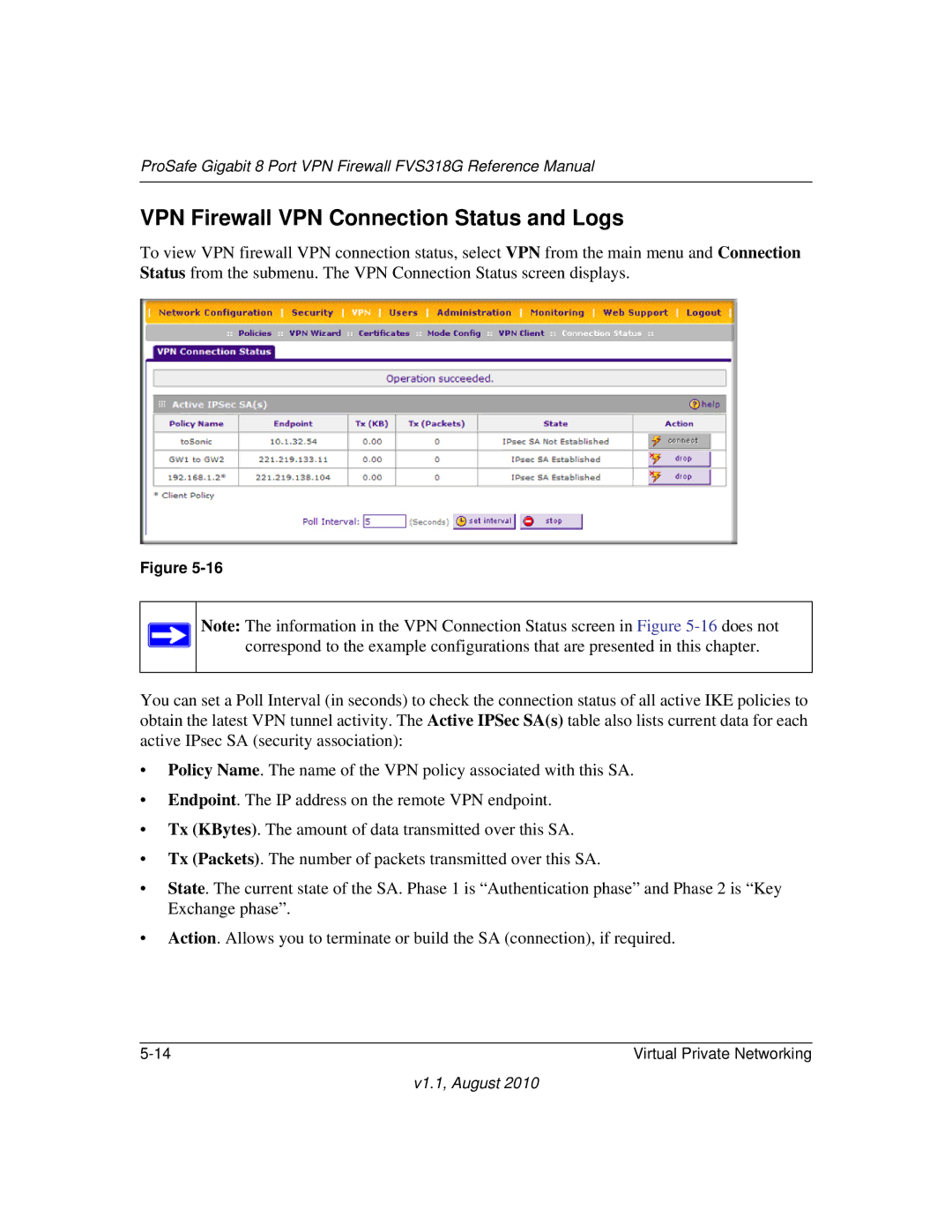 NETGEAR FVS318G manual VPN Firewall VPN Connection Status and Logs 