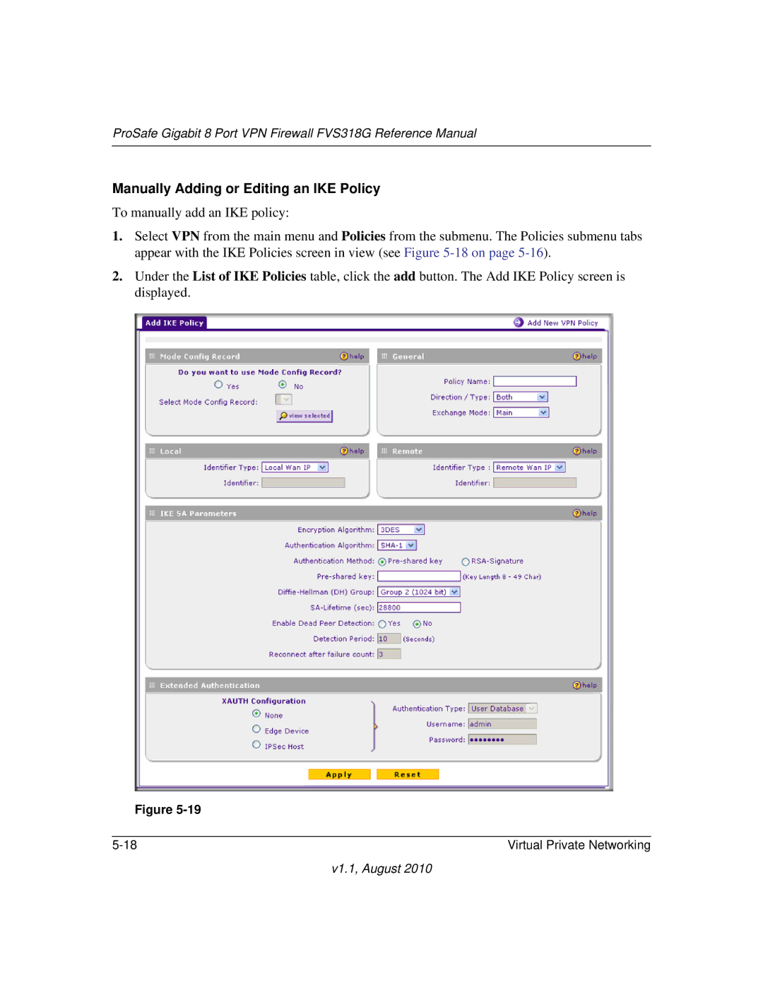 NETGEAR FVS318G manual Manually Adding or Editing an IKE Policy 