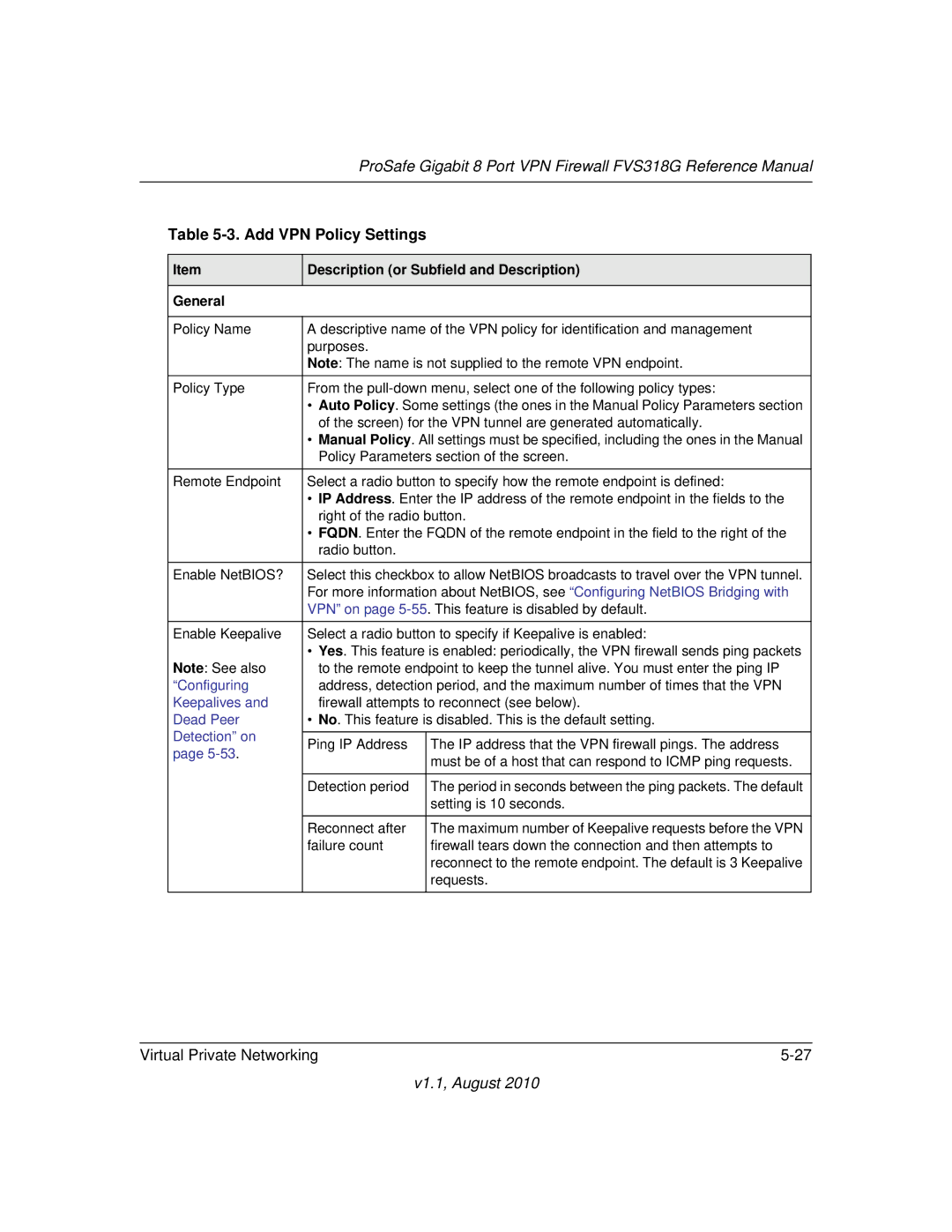 NETGEAR FVS318G manual Add VPN Policy Settings, Description or Subfield and Description 