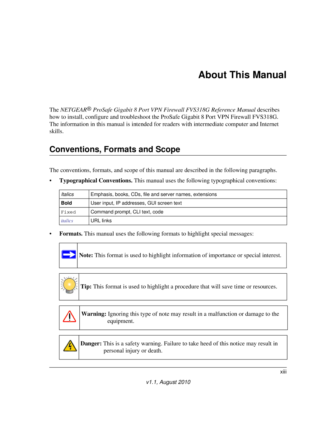 NETGEAR FVS318G manual About This Manual, Conventions, Formats and Scope 