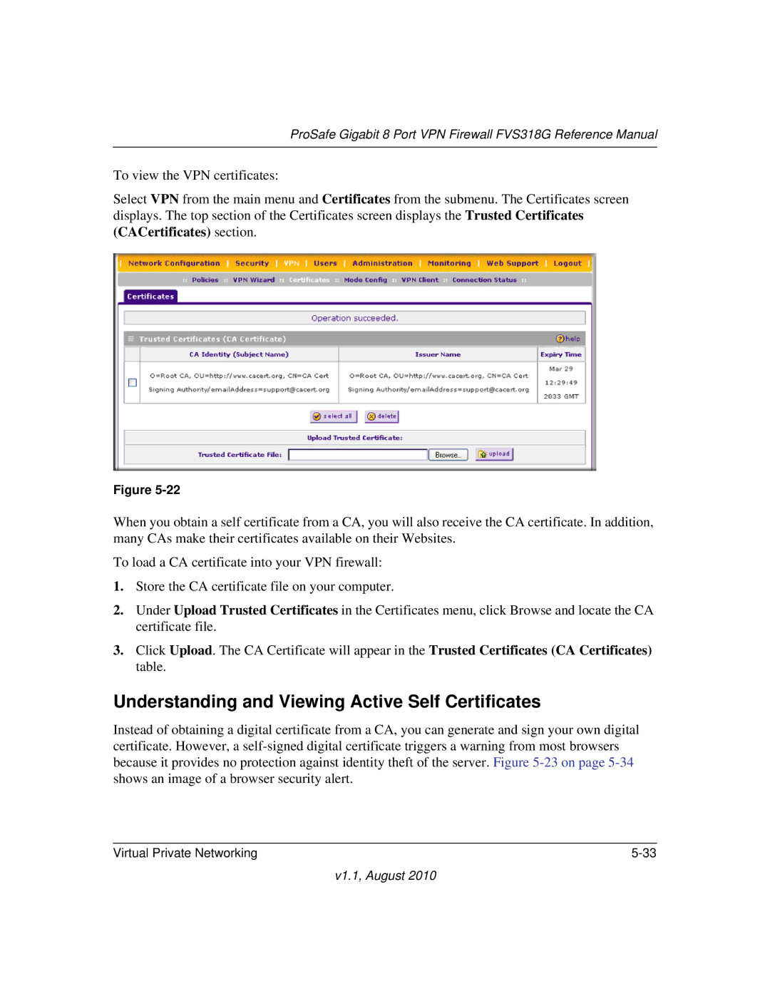 NETGEAR FVS318G manual Understanding and Viewing Active Self Certificates 