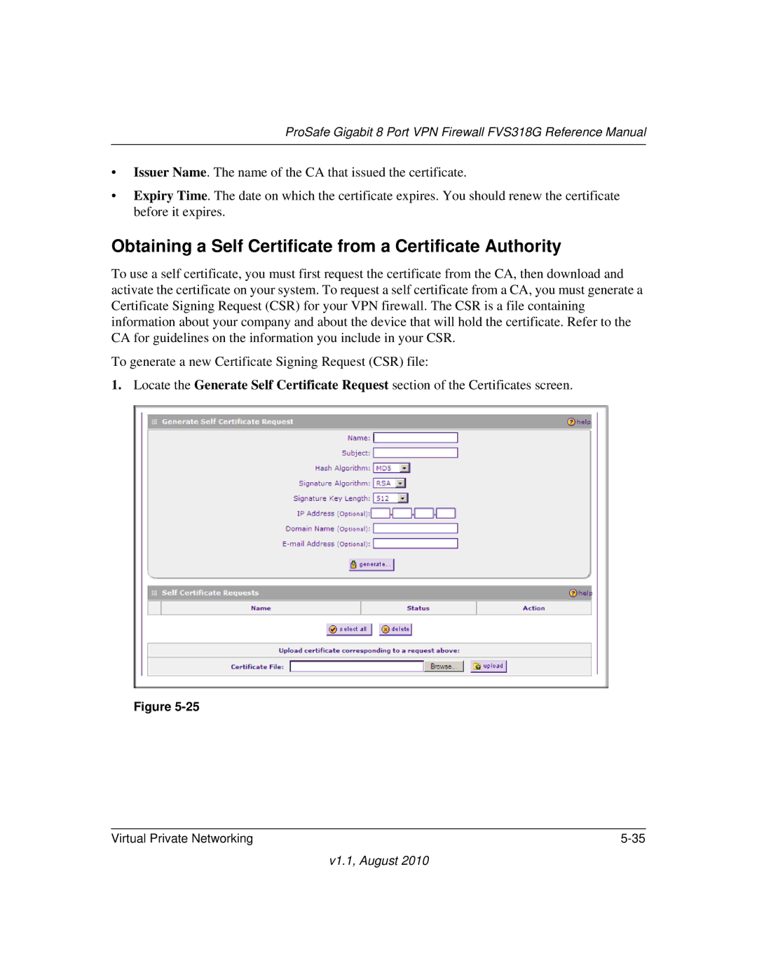 NETGEAR FVS318G manual Obtaining a Self Certificate from a Certificate Authority 