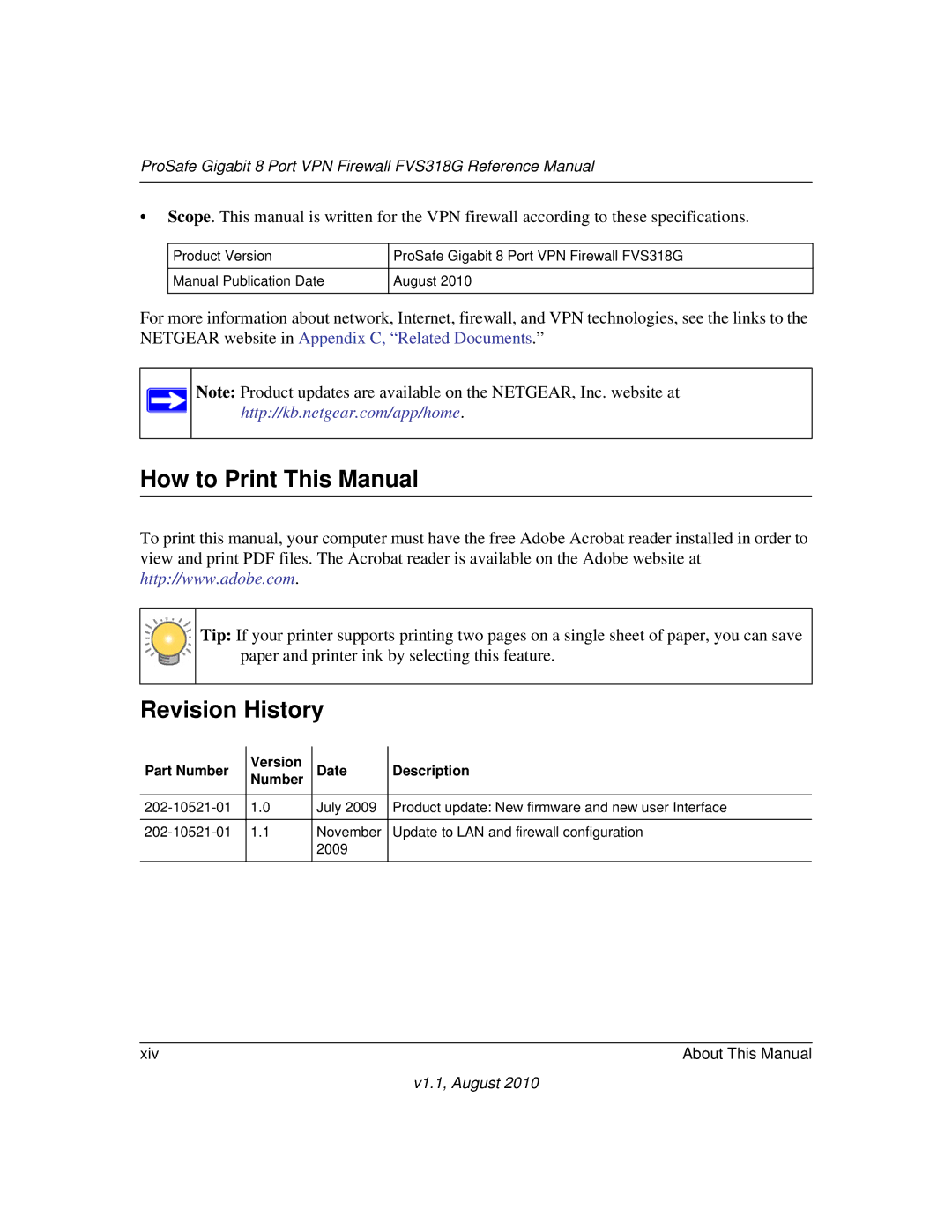 NETGEAR FVS318G manual How to Print This Manual, Revision History, Part Number Version Date Description 