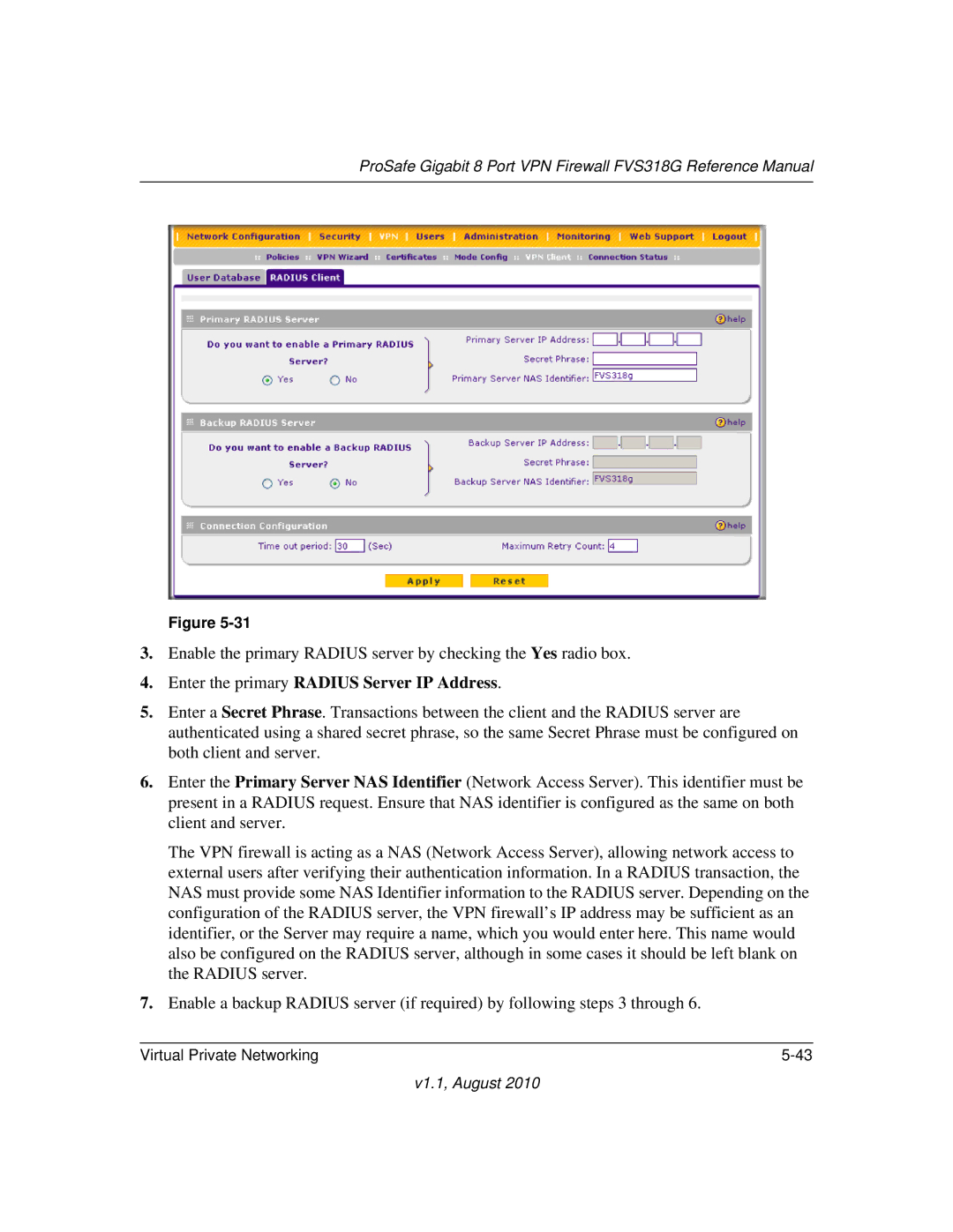 NETGEAR FVS318G manual Enter the primary Radius Server IP Address 