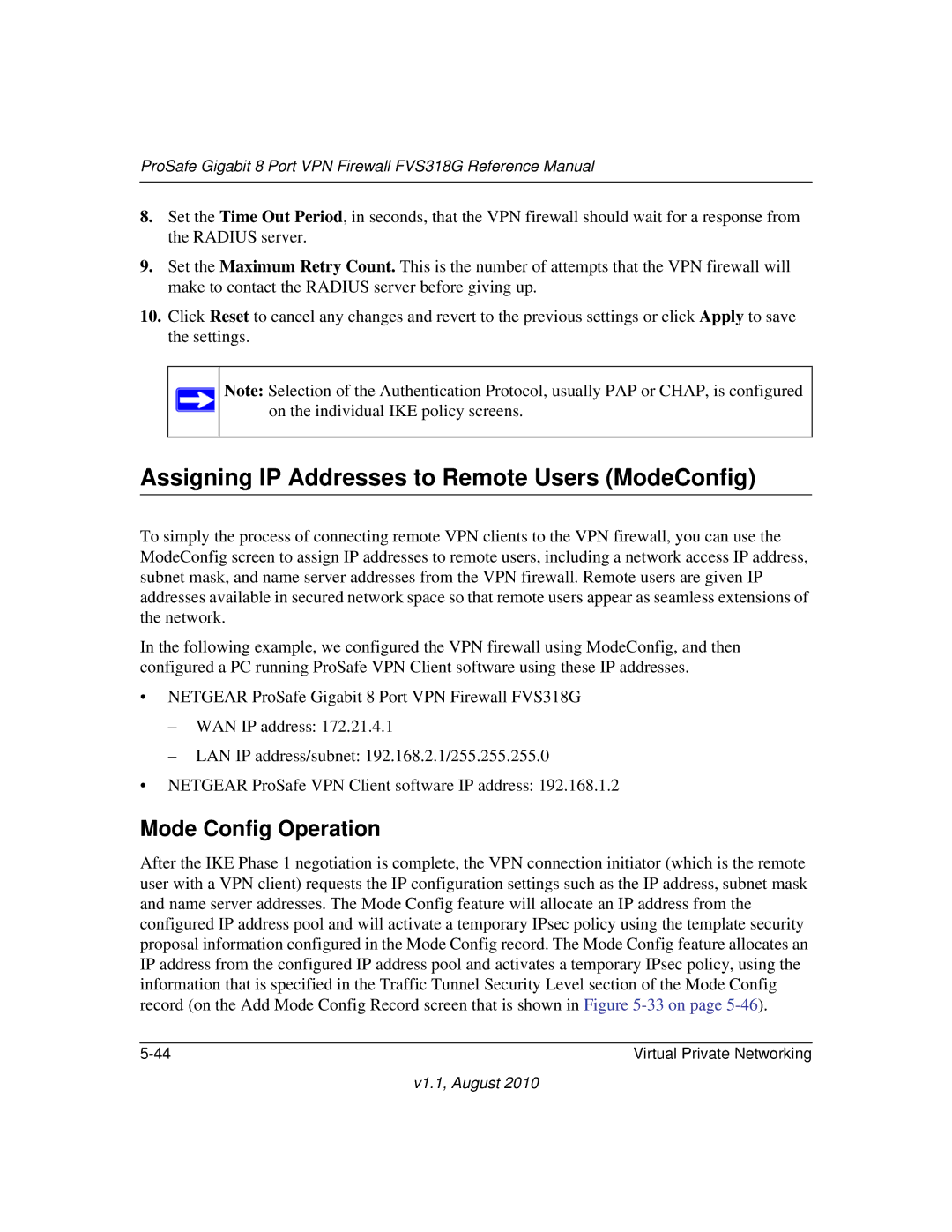 NETGEAR FVS318G manual Assigning IP Addresses to Remote Users ModeConfig, Mode Config Operation 