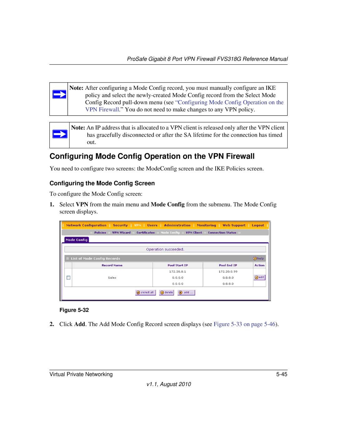 NETGEAR FVS318G manual Configuring Mode Config Operation on the VPN Firewall, Configuring the Mode Config Screen 